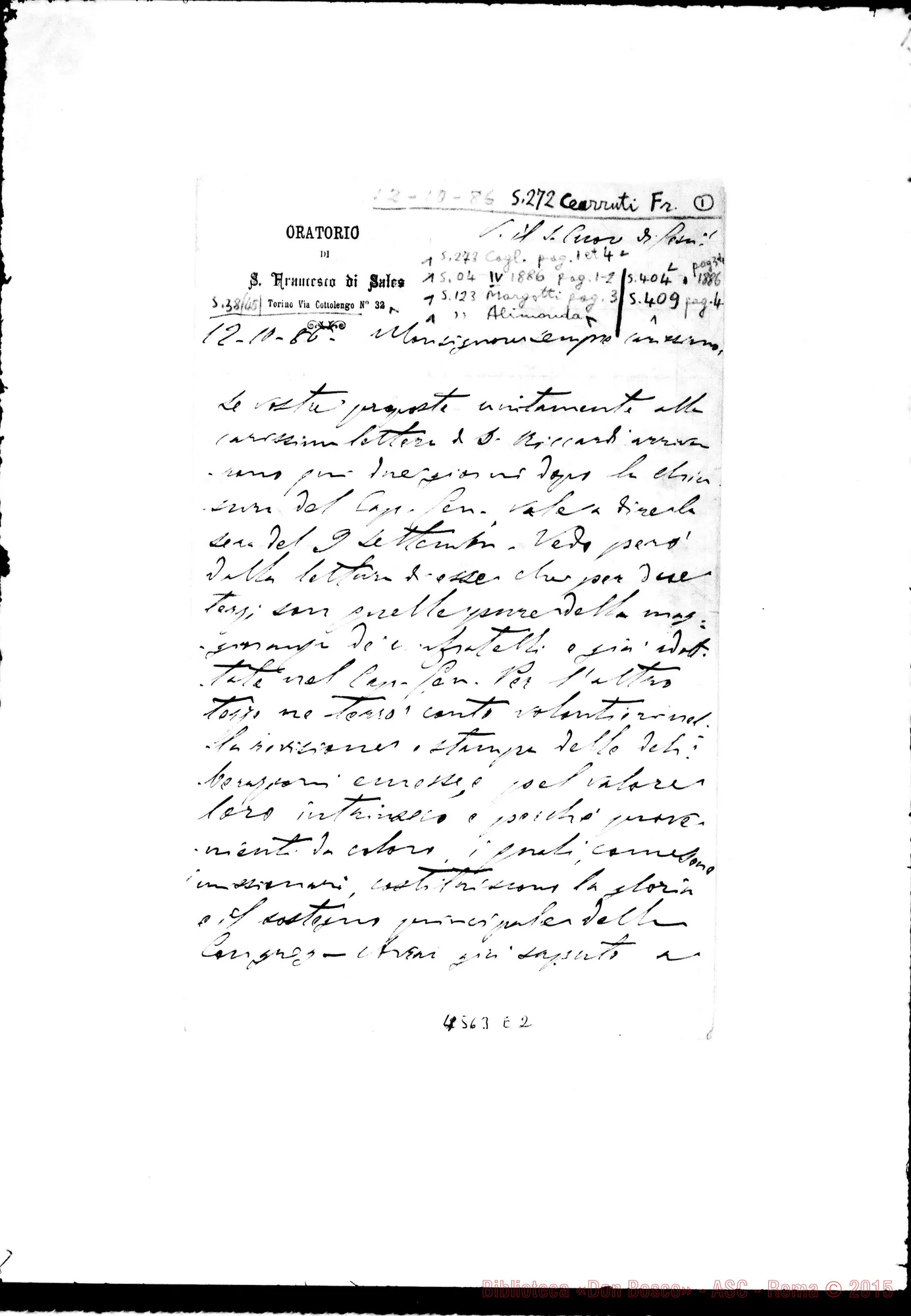 Fotogramma E 2 — Cerniti Francesco-Mons. Cagliero. Torino, 12-10-1886. Commenti sul Capitolo E altri temi riguardanti le F.M.A.