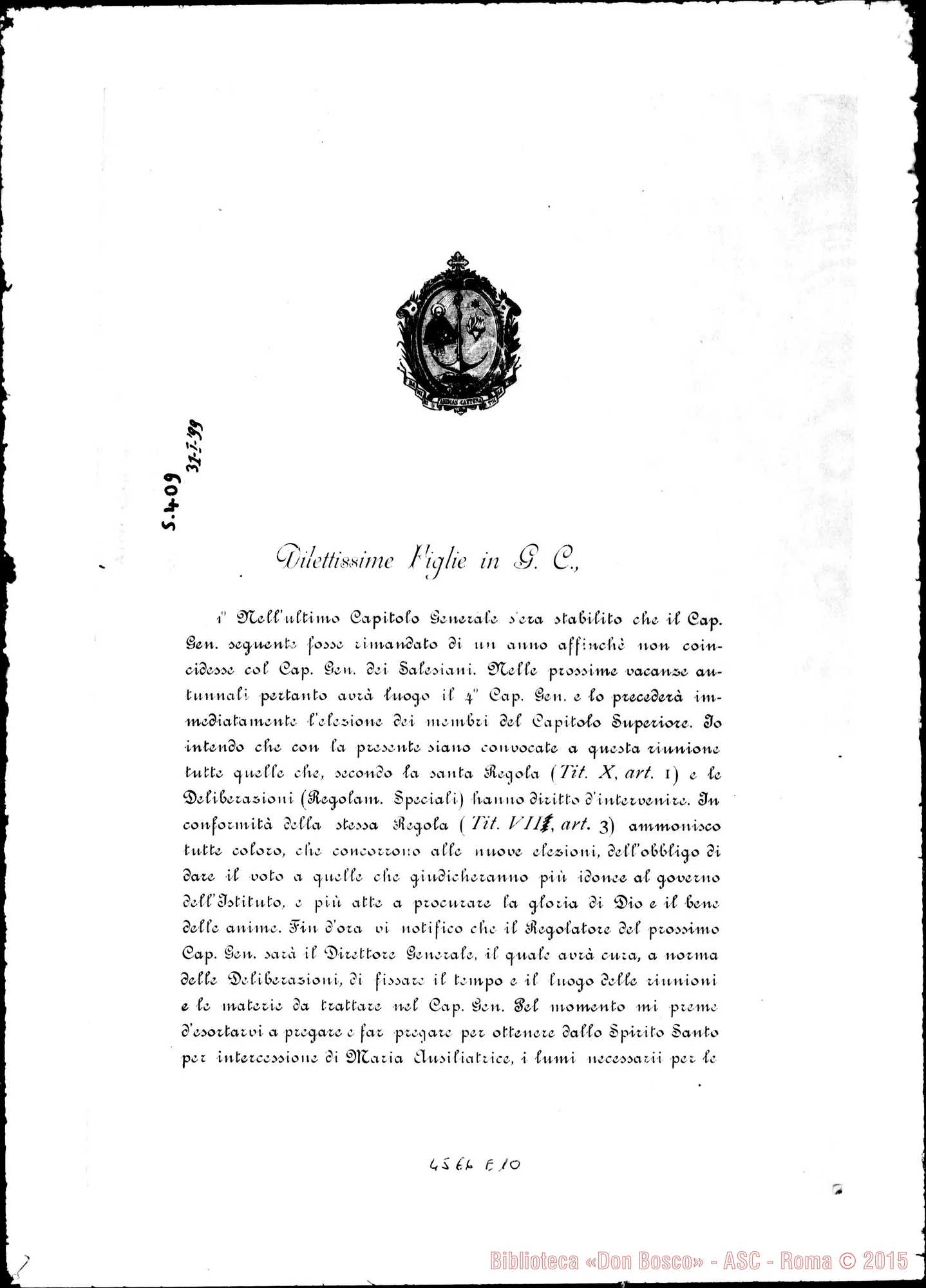 Fotogramma E 10 — Don Rua-Dilettissime Figlie, il 31-01-1899. Convocazione del Capitolo. Stampato