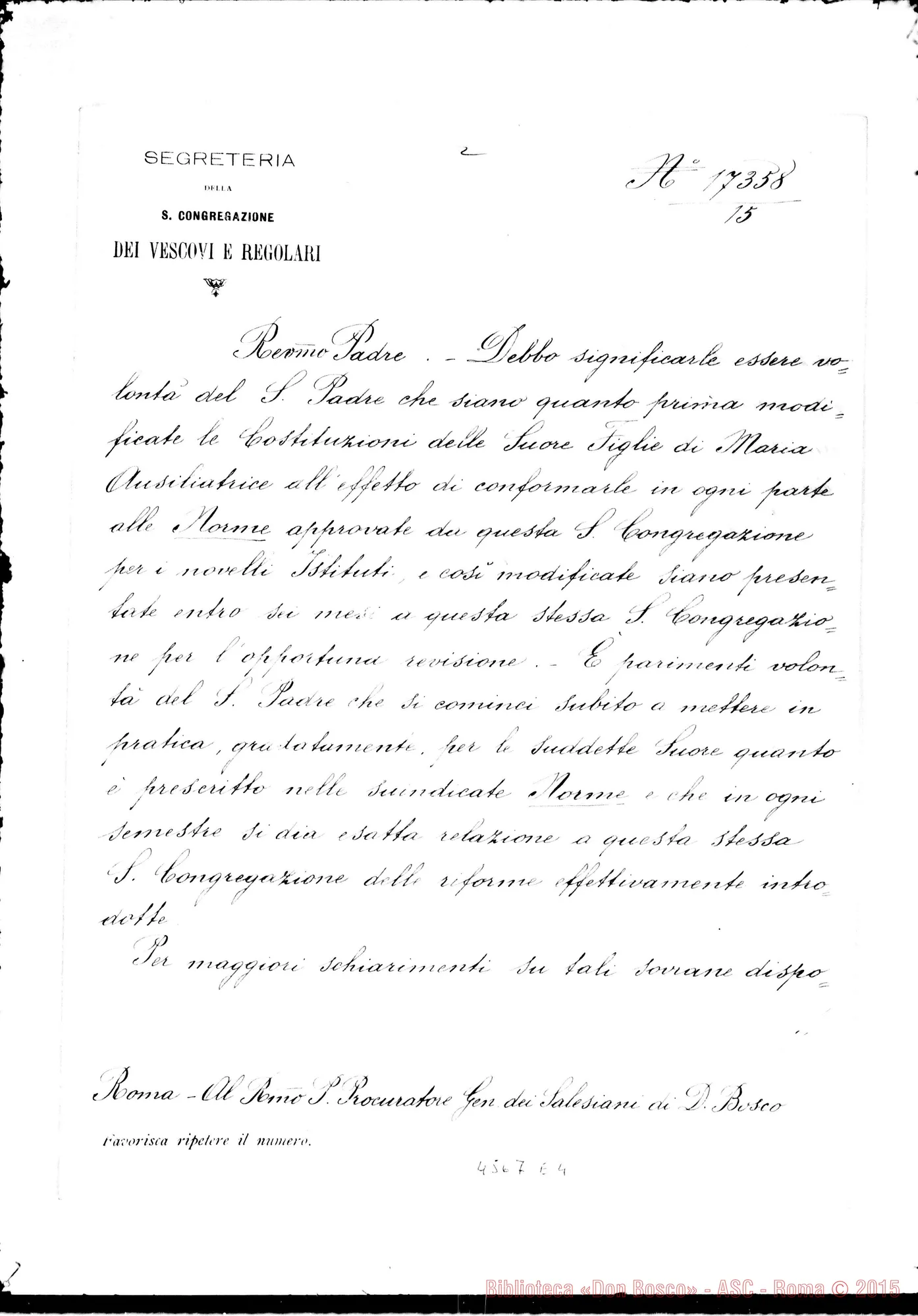Fotogramma E 4 — Card. Ferrata-Procuratore. Roma, 10-05-1905. Conformare le Costituzioni alle Norme