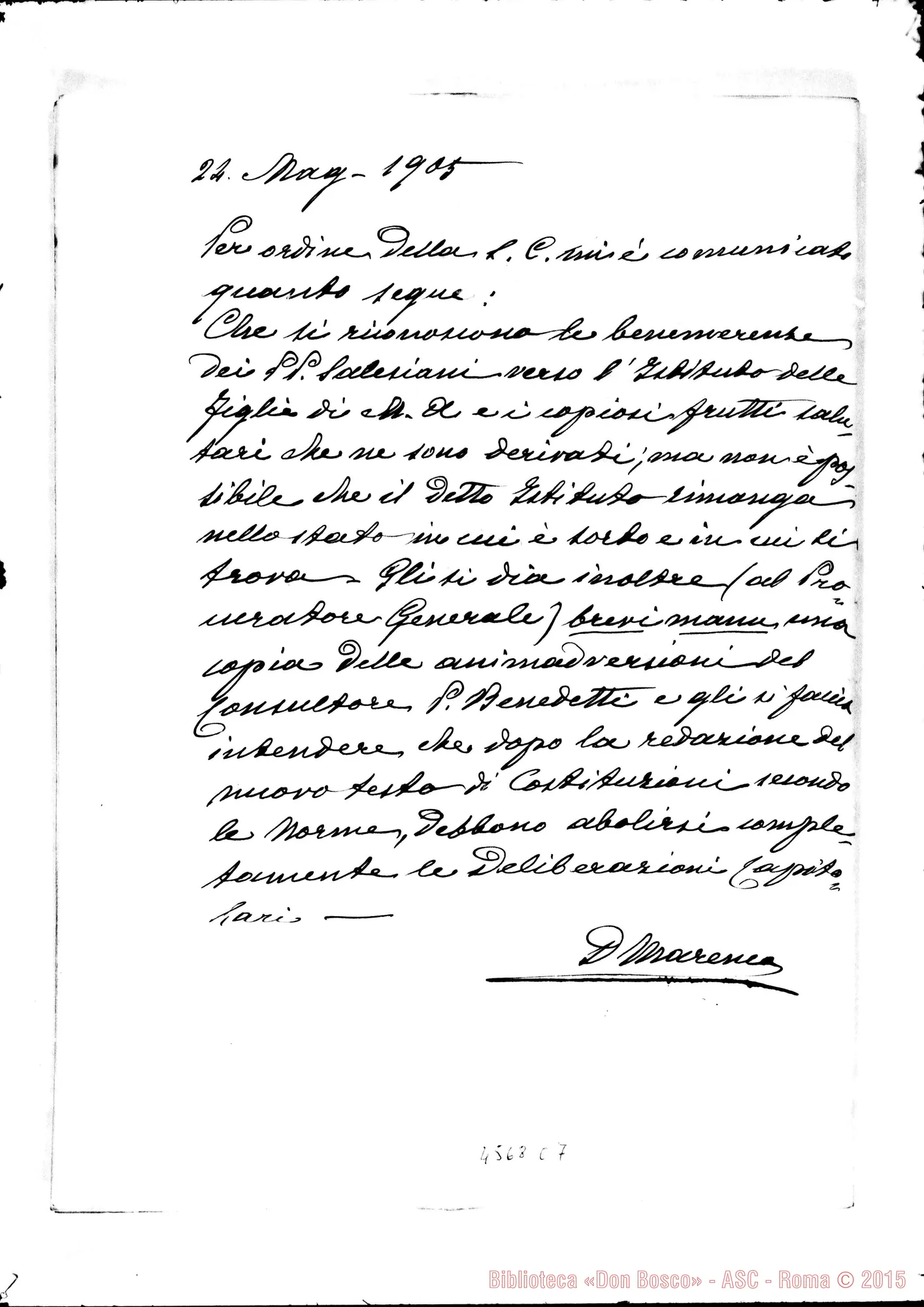 Fotogramma C 7 — Don Marenco, il 24-05-1905: «Per ordine della S.C.: riconoscere le benemerenze dei PP. Salesiani». Roma, 17-02-1904