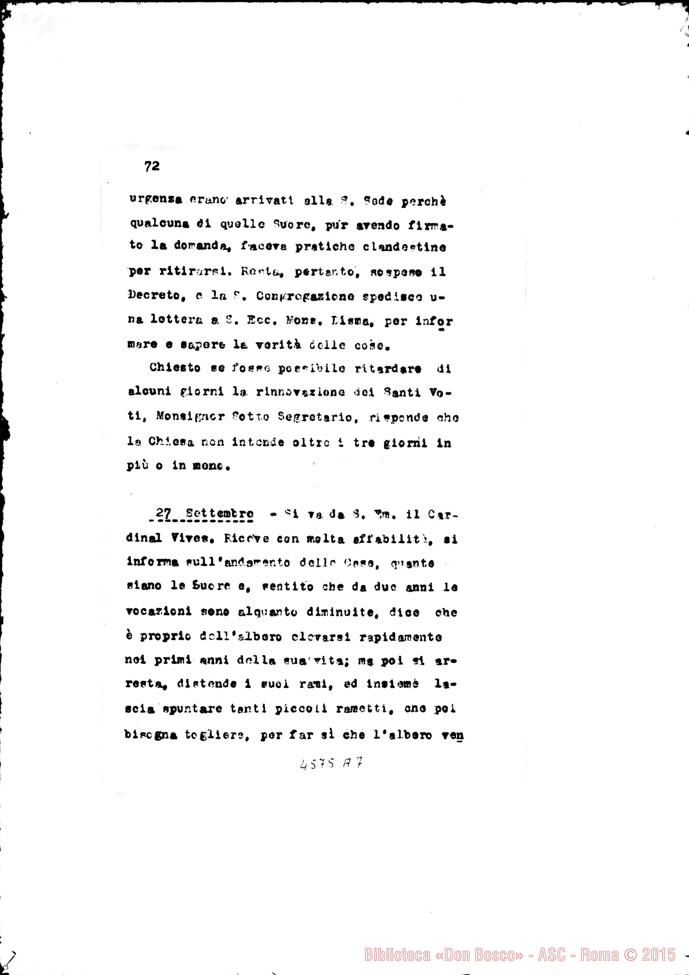 Fotogramma A 7 — Memorie intíme. Cronaca del Capitolo E dell’affare della separazione dai Salesiani. Dal 1-09-1905 fino al 16-09-1912. Copia dt.