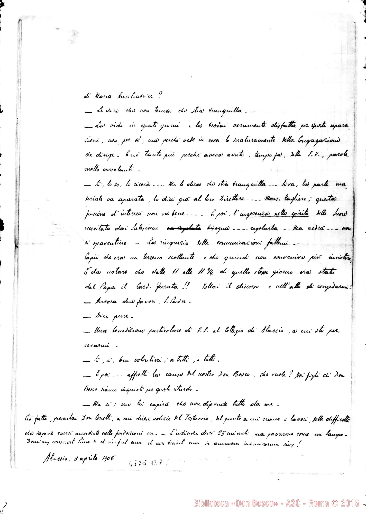 Fotogramma B 7 — Udienza dal Santo Padre A Don Cerruti sull’affare della separazione. Relazione ms.. Alassio, 9-04-1906