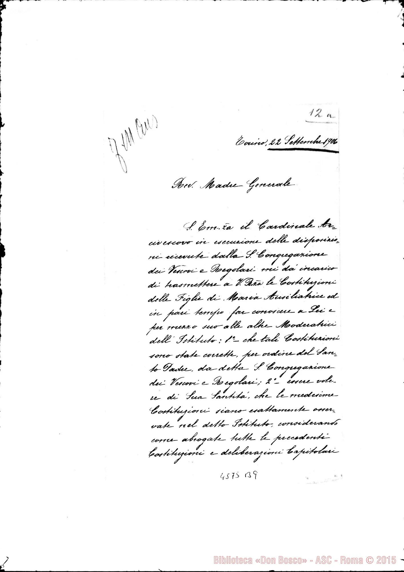 Fotogramma B 9 — Gastaldi Ezio, can., Prov. Gen.-Madre Daghero. Torino, 22-09-1906. Copia conforme