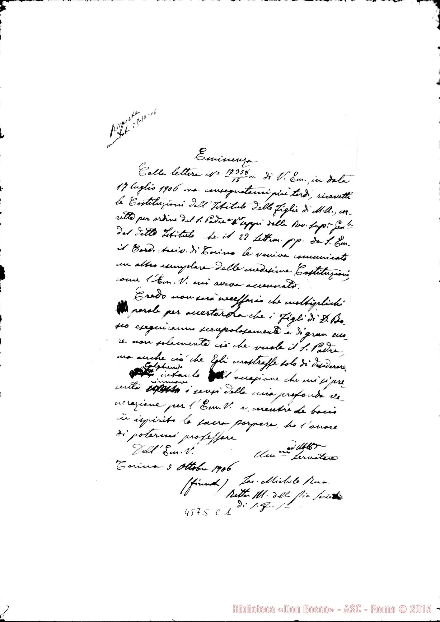 Fotogramma C 1 — Don Rua-Card. Ferrata. Torino, 5-10-1906. Copia conforme. Verbali dei Capitoli Generali III, IV, V e VI. Dattiloscritto. Cfr. 4577 E 5