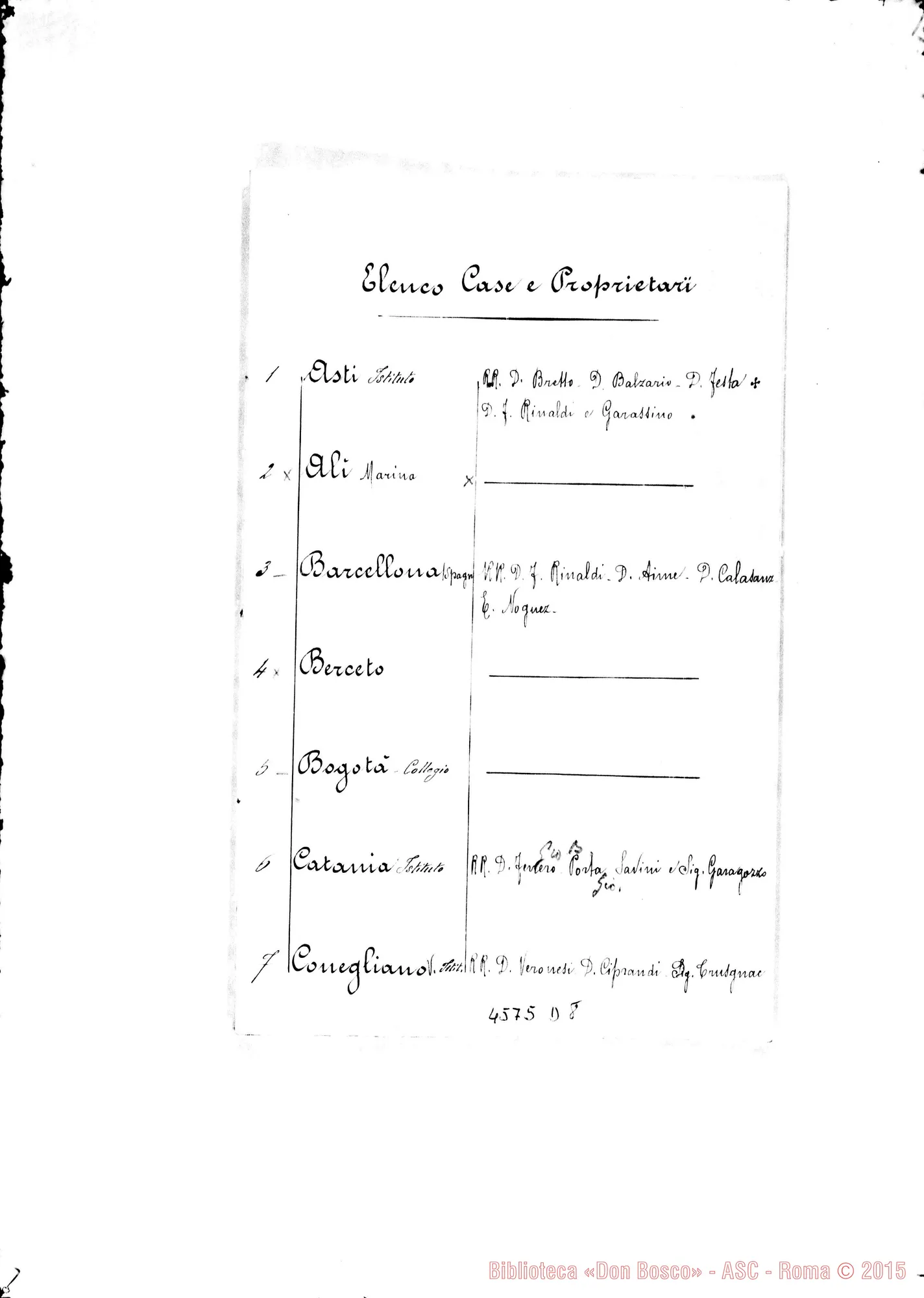 Fotogramma D 8 — Figlie di M.A.: elenco di Case E proprietari. Ms. 1908. Note autogr. Rinaldi