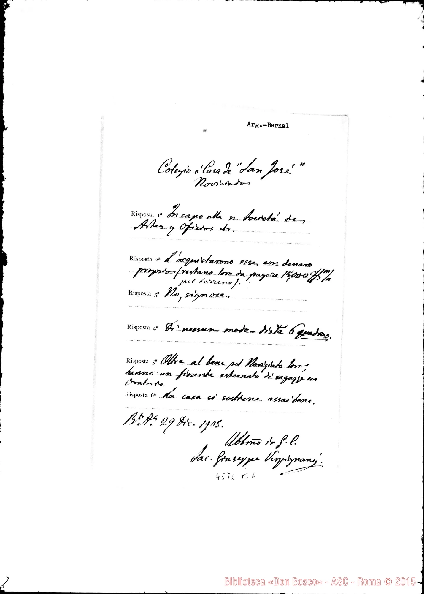 Fotogramma B 7 — Don Rinaldi-Ispettore dell’Argentina. Chiede dati riguardo alle Case delle F.M.A.. Torino, 21-09-1905. All. risposte di D. Vespignani G., 29 E 30-12-1905
