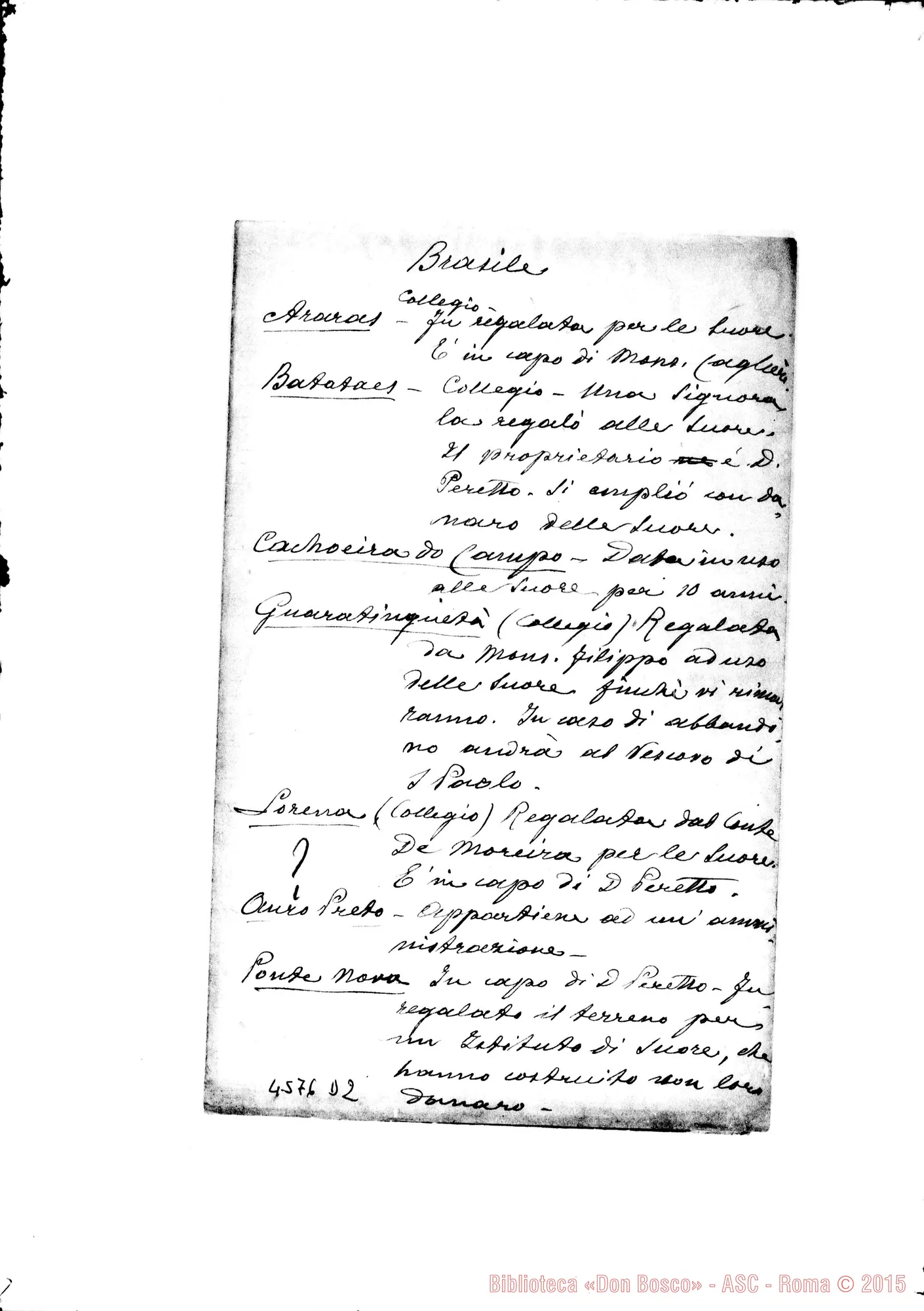Fotogramma D 2 — Don Rinaldi-Ispettore del Brasile. Chiede dati riguardo alle Case delle F.M.A.. Torino, 21-09-1905. All. risposte di D. Carlo Peretto