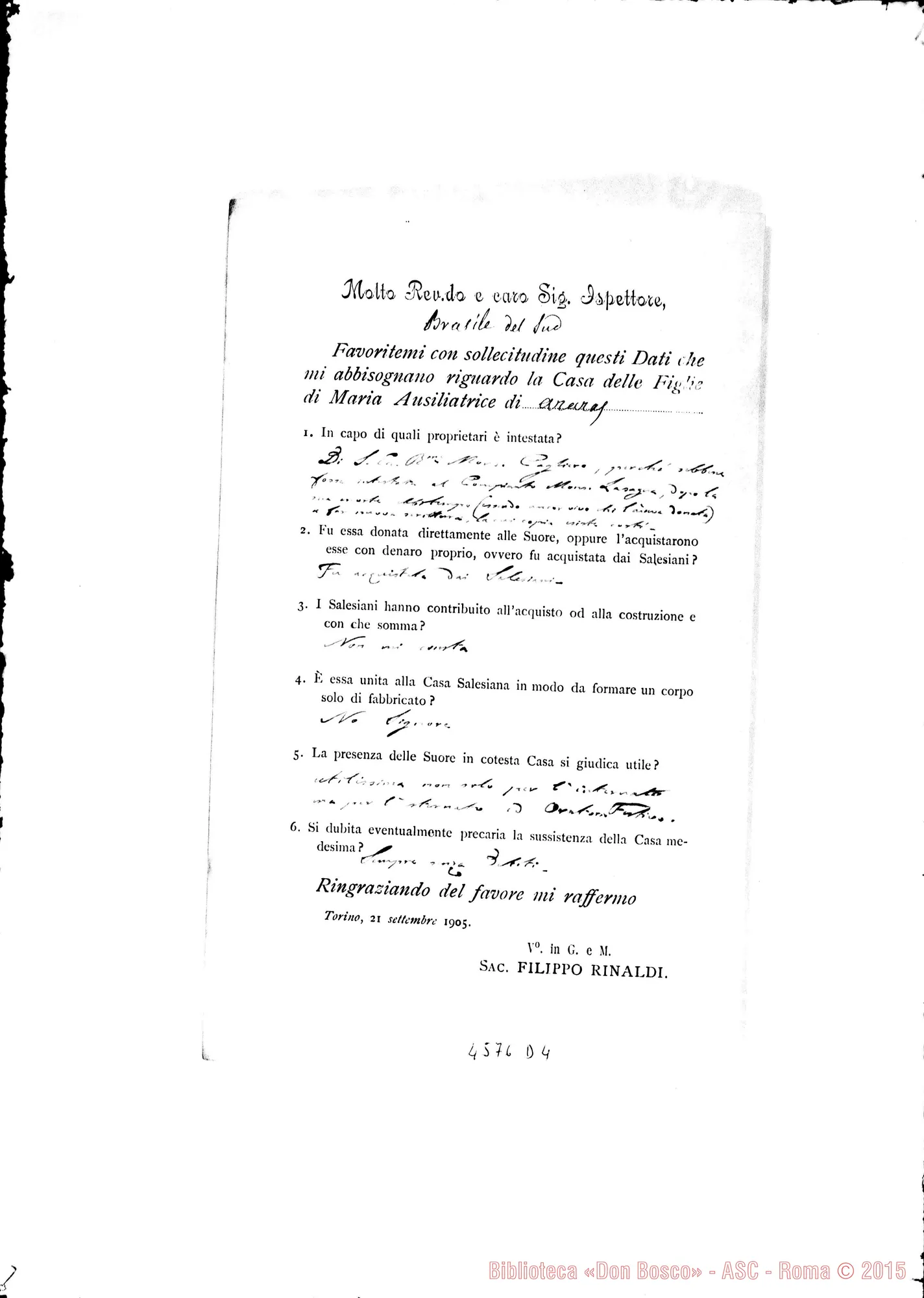 Fotogramma D 4 — Don Rinaldi-Ispettore del Brasile. Chiede dati riguardo alle Case delle F.M.A.. Torino, 21-09-1905. All. risposte di D. Carlo Peretto