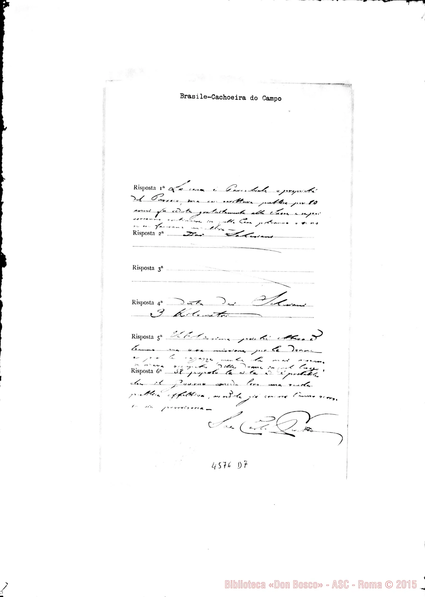 Fotogramma D 7 — Don Rinaldi-Ispettore del Brasile. Chiede dati riguardo alle Case delle F.M.A.. Torino, 21-09-1905. All. risposte di D. Carlo Peretto