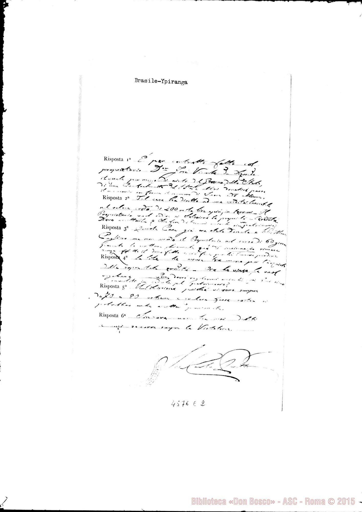 Fotogramma E 2 — Don Rinaldi-Ispettore del Brasile. Chiede dati riguardo alle Case delle F.M.A.. Torino, 21-09-1905. All. risposte di D. Carlo Peretto