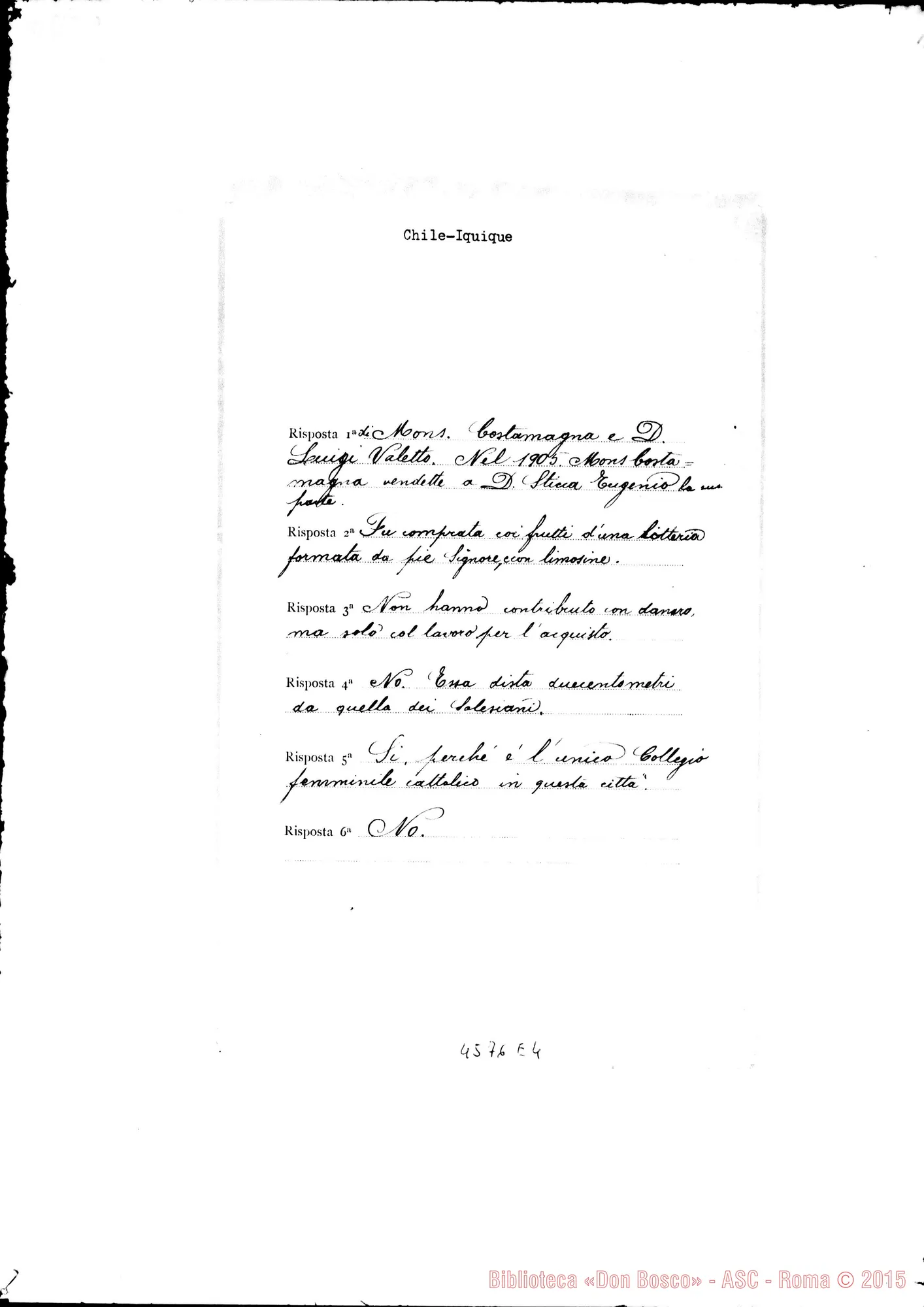 Fotogramma E 4 — Don Rinaldi-Ispettore del Cile. Chiede dati riguardo alle Case delle F.M.A.. Torino, 21-09-1905. All. risposte di D. Luigi Costamagna