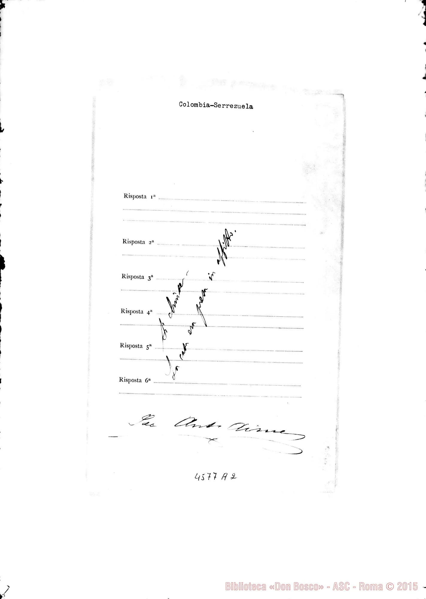 Fotogramma A 2 — Don Rinaldi-Ispettore della Colombia. Chiede dati riguardo alle Case delle F.M.A.. Torino, 21-09-1905. All. risposte di D. Antonio Aime
