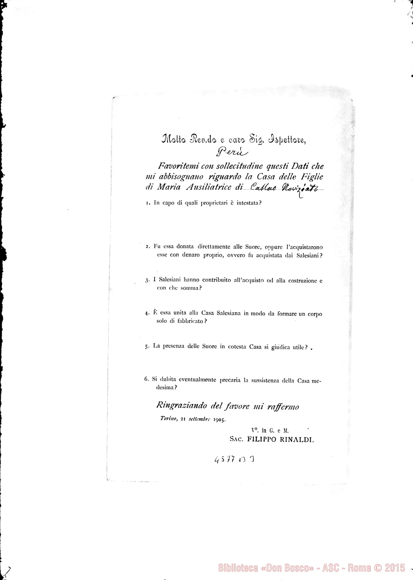 Fotogramma B 3 — Don Rinaldi-Ispettore del Perù. Chiede dati riguardo alle Case delle F.M.A.. Torino, 21-09-1905. All. risposte