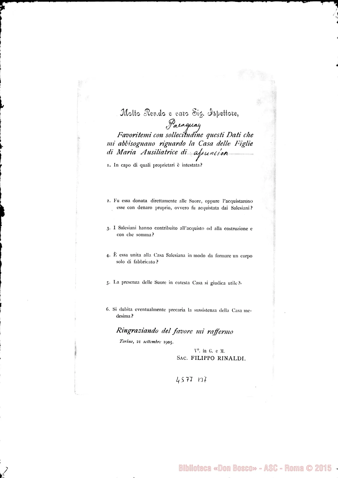 Fotogramma B 7 — Don Rinaldi-Ispettore dell’Uruguay. Chiede dati riguardo alle Case delle F.M.A.. Torino, 21-09-1905. All. risposte di D. Gamba G.