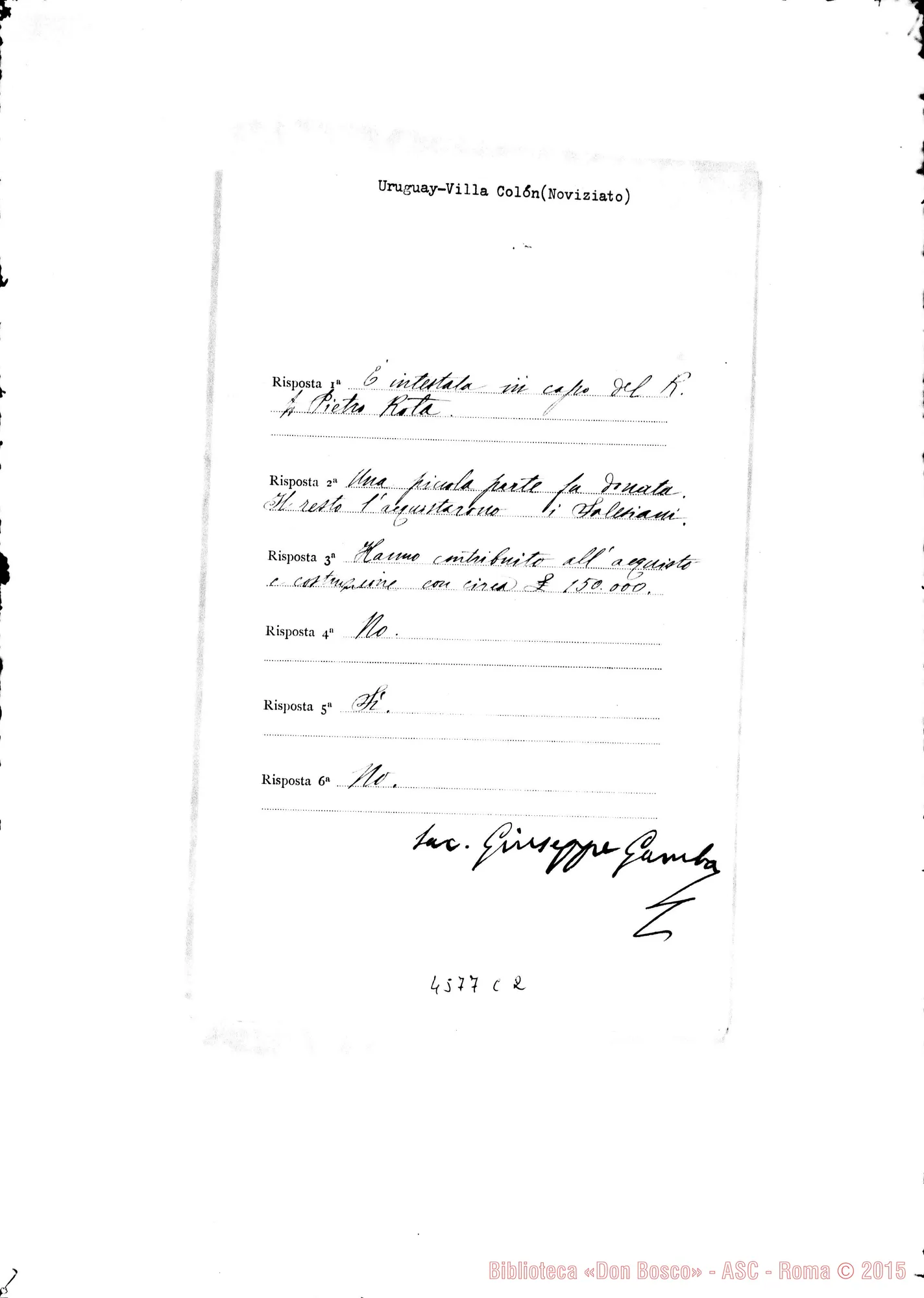 Fotogramma C 2 — Don Rinaldi-Ispettore dell’Uruguay. Chiede dati riguardo alle Case delle F.M.A.. Torino, 21-09-1905. All. risposte di D. Gamba G.