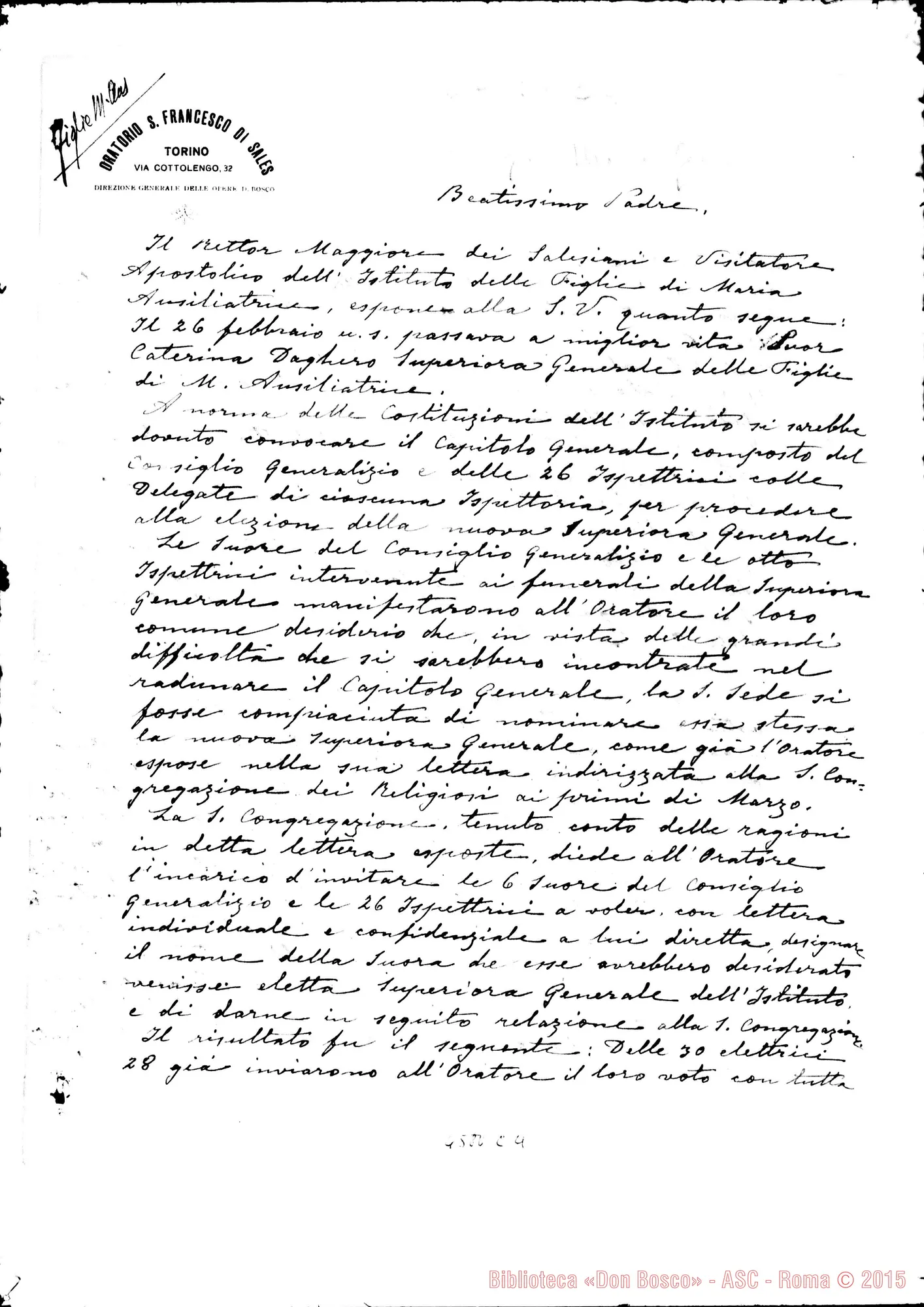 Fotogramma C 4 — Don Rinaldi-Beatissimo Padre. Torino, 2-07-1924. Copia ms. del Balestra. Elezione fatta della Madre Generale: chiede approvazione