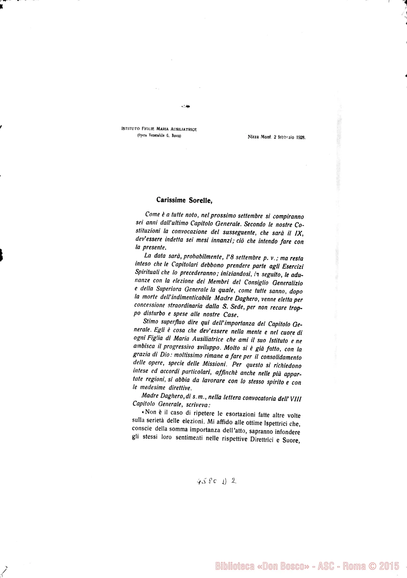 Fotogramma D 2 — Madre Vaschetti-Sorelle. Nizza Monf., 2-02-1928. Convoca Capitolo. Stampato