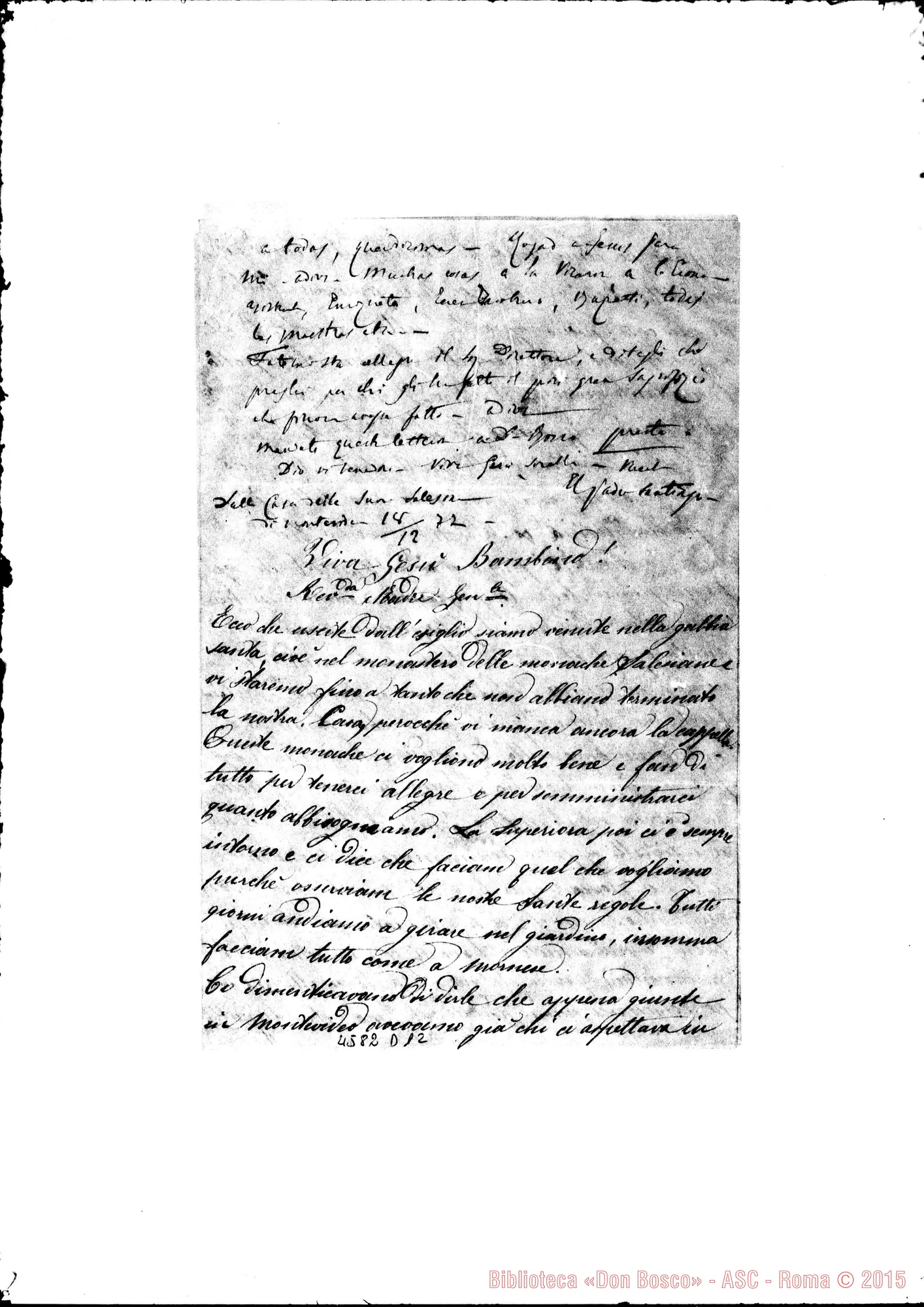 Fotogramma D 12 — D. Costamagna-M. Mazzarello. Montevideo, 18-12-1877. All. trascrizione. Segue lett. delle Suore di Montevideo alla Madre
