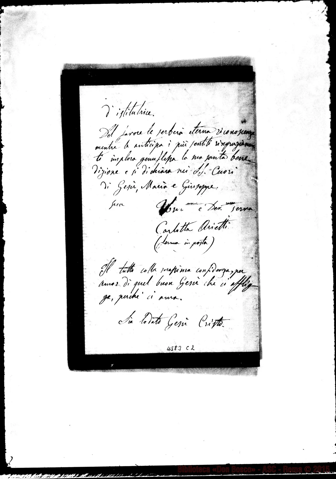 Fotogramma C 2 — Arietti Carlotta. Brusasco, 8-08-1883. Chiede assistenza