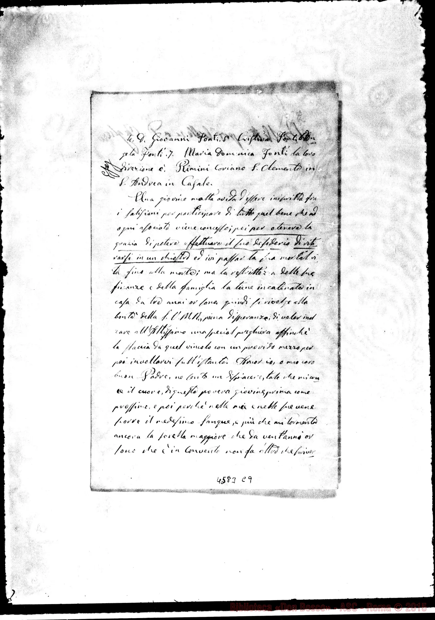 Fotogramma C 9 — Bartolini Domenico, sac. Sant’Andrea in Casale, genn. 1883. Ascritti tra i Cooperatori ingresso di sua sorella tra le Suore