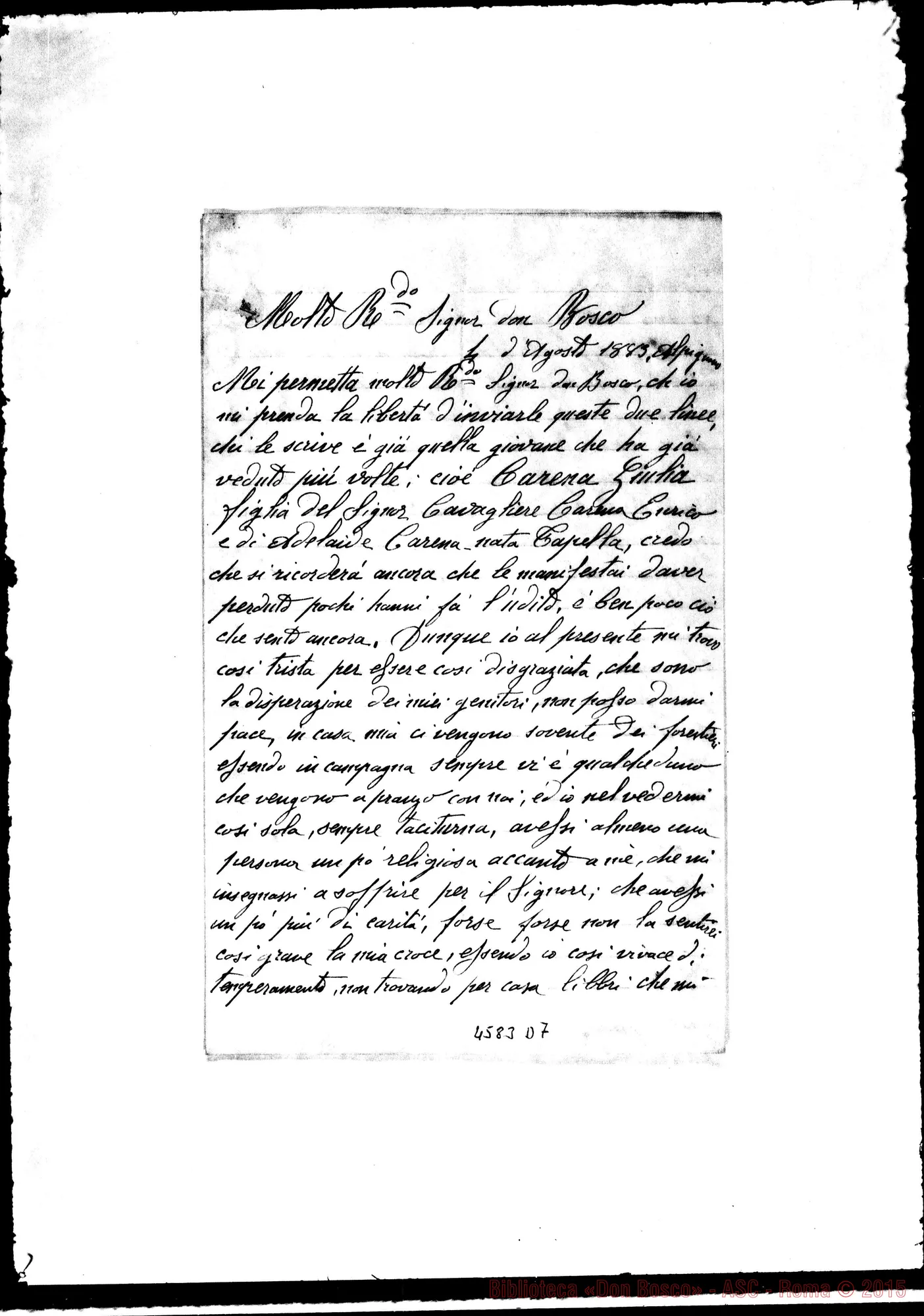 Fotogramma D 7 — Carena Giulia. Alpignano, 4-08-1883. Domanda ammissione alle F.M.A.