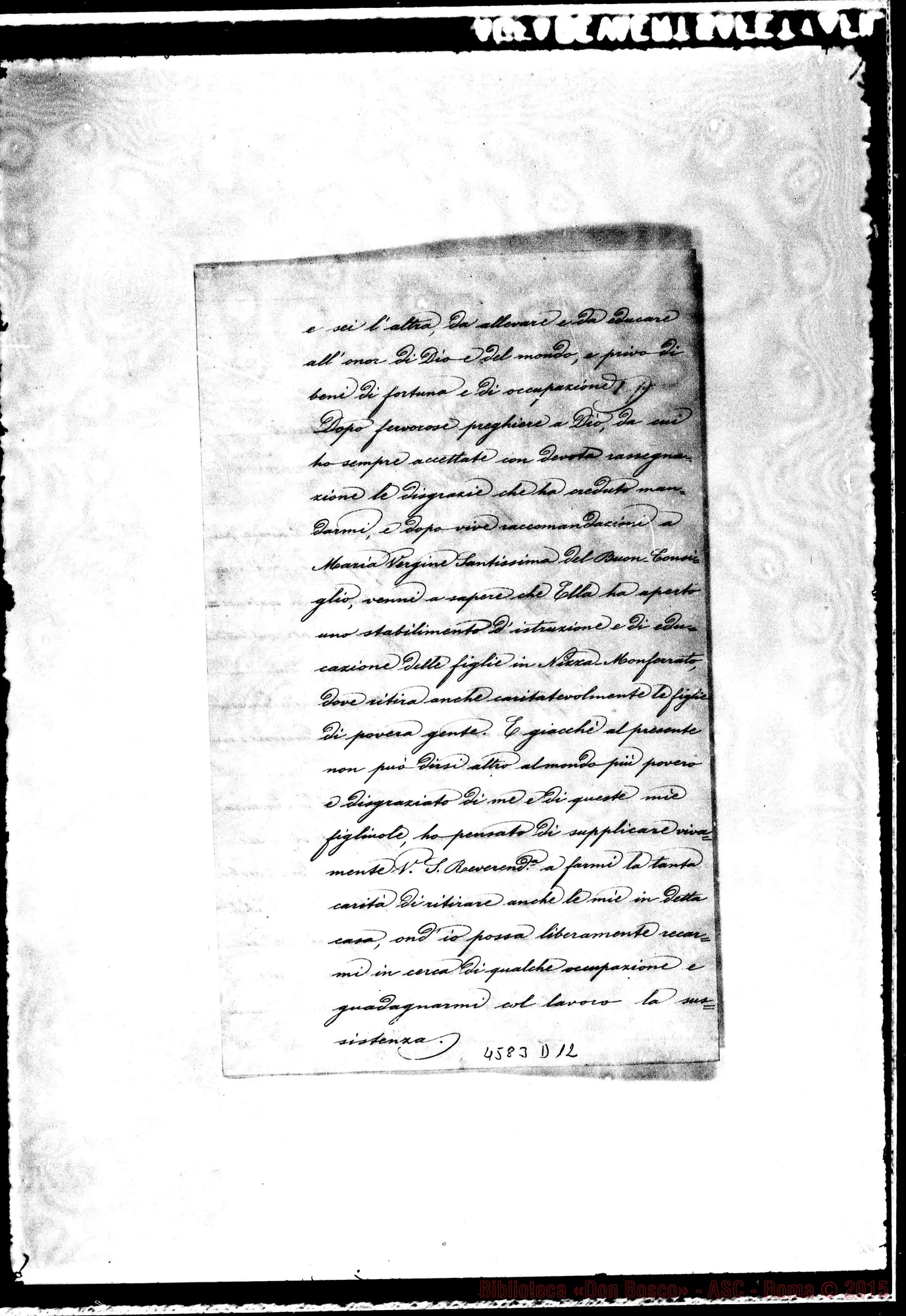Fotogramma D 12 — Carerò Carlo M. Castiglione Tinella, 16-09-1883. Iscrivere le figlie alle scuole delle F.M.A.