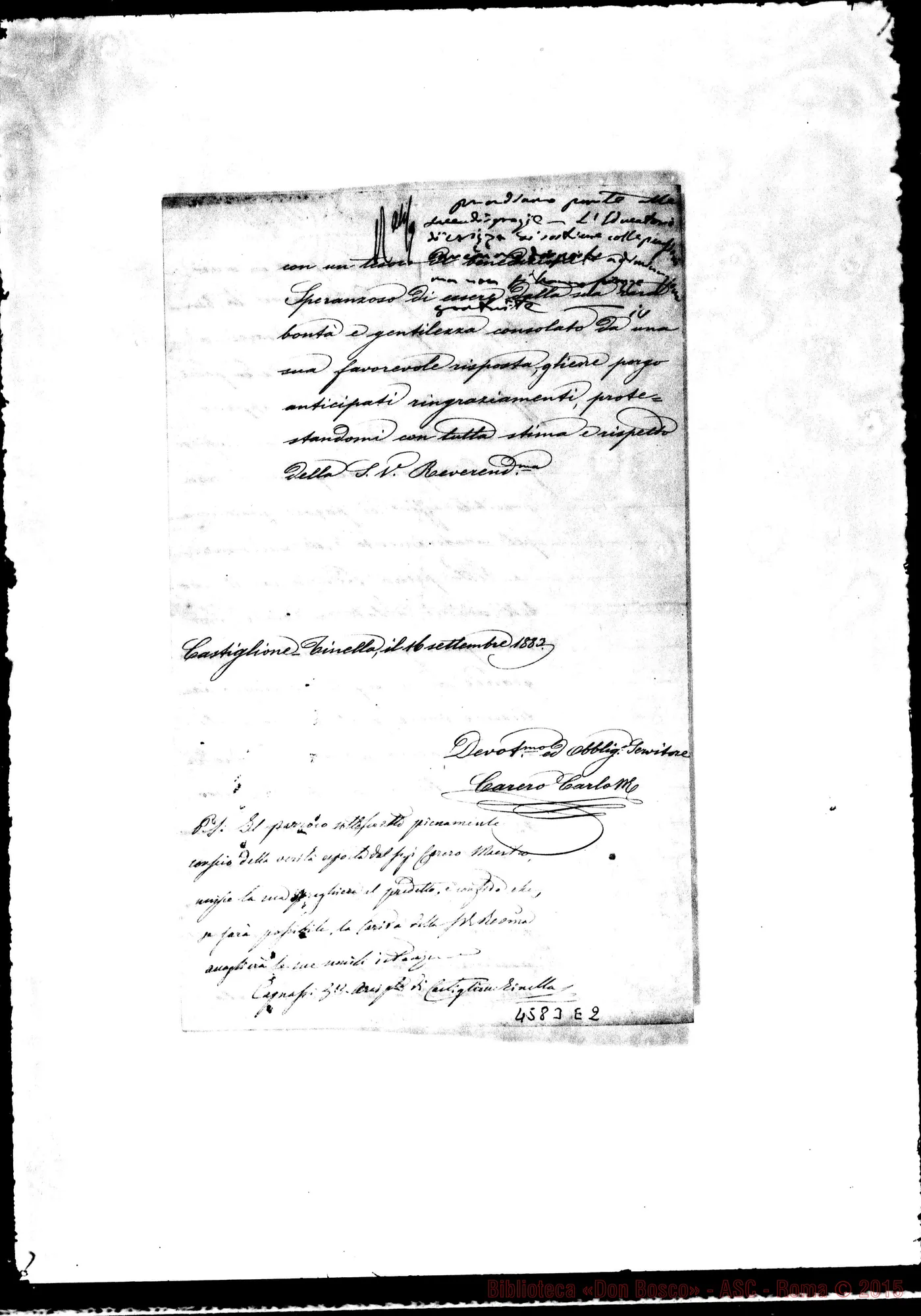 Fotogramma E 2 — Carerò Carlo M. Castiglione Tinella, 16-09-1883. Iscrivere le figlie alle scuole delle F.M.A.