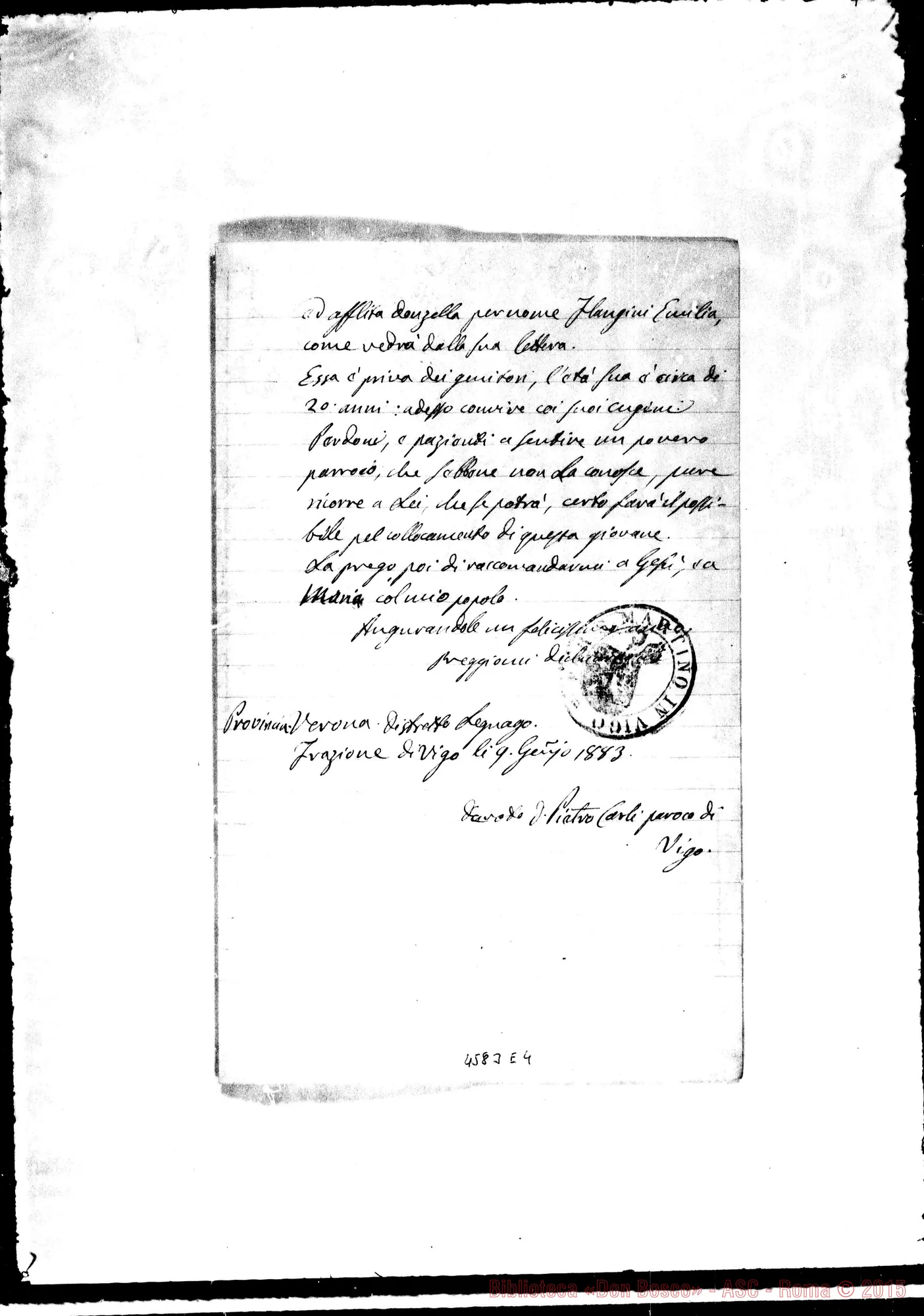 Fotogramma E 4 — Carli Pietro, sac. Vigo, 9-01-1883. Domanda di ammissione di E. Flagini nelle F.M.A.. All. lett. di E. Flangini E minuta di risposta