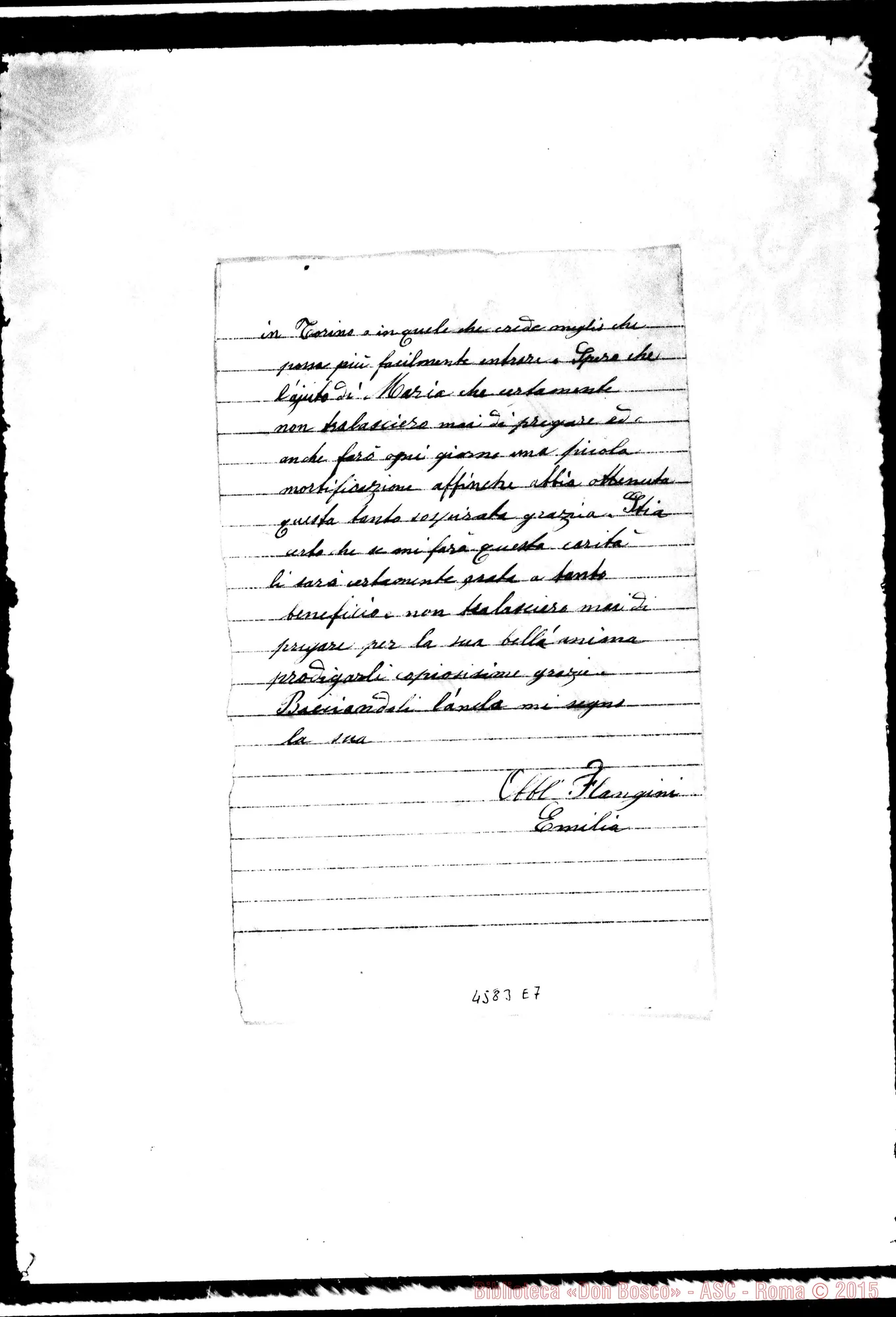 Fotogramma E 7 — Carli Pietro, sac. Vigo, 9-01-1883. Domanda di ammissione di E. Flagini nelle F.M.A.. All. lett. di E. Flangini E minuta di risposta