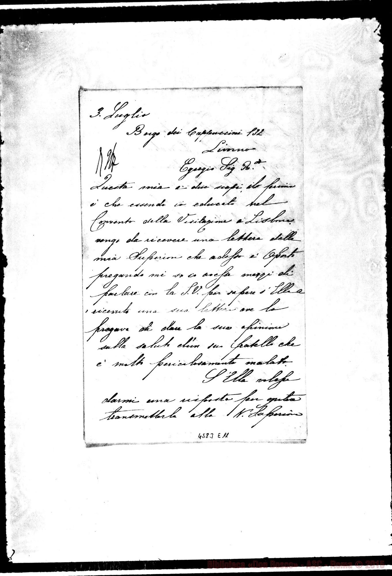 Fotogramma E 11 — Carvalho Maria. Livorno, 3-07-1883. Richiesta di assistenza