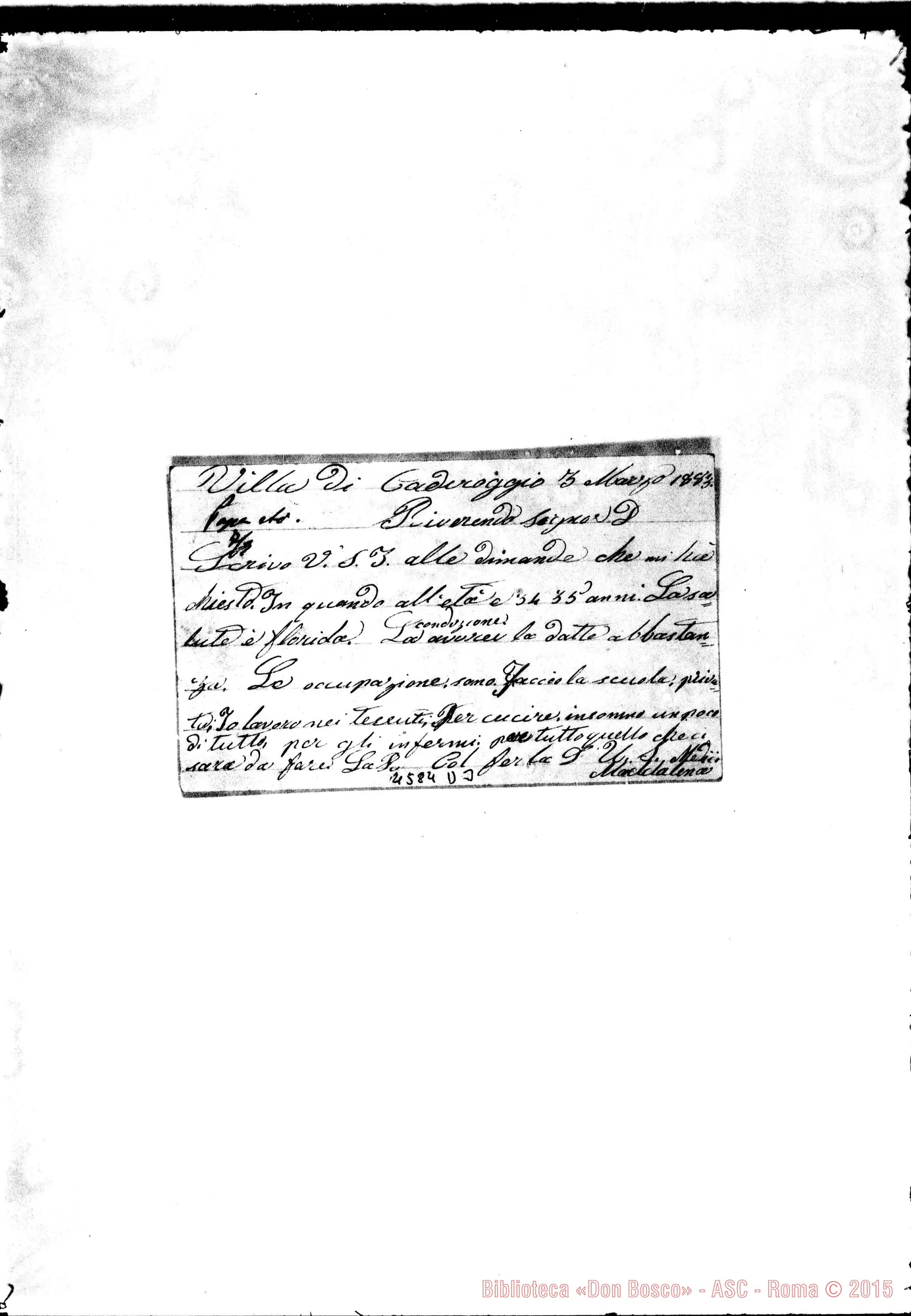 Fotogramma D 3 — « « A D. Cagliero. Caderaggio, 3-03-1883