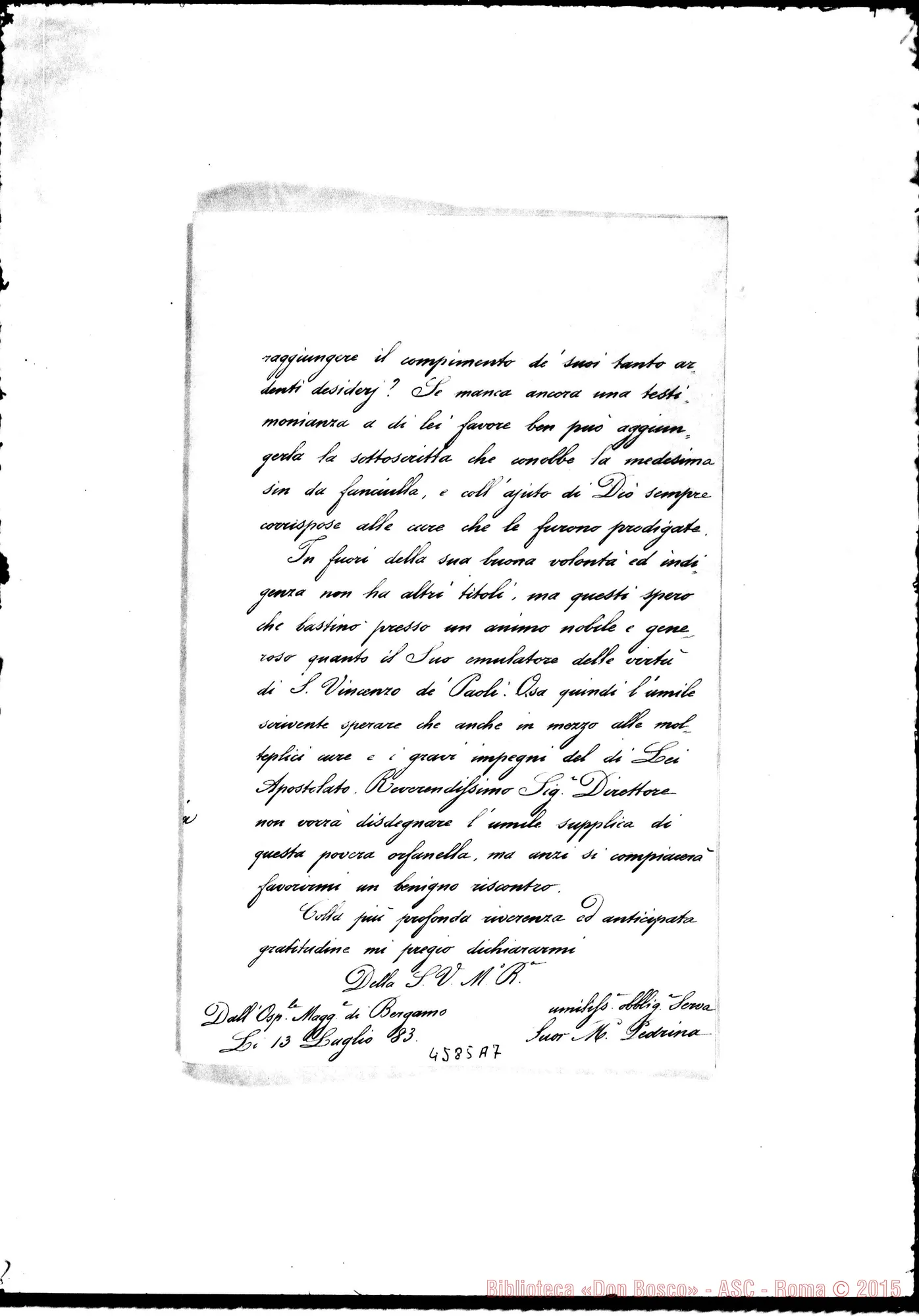 Fotogramma A 7 — Pedrina Maria, suora. Bergamo, 13-07-1883. Domanda di ammissione nelle F.M.A.. All. lett. di Don L.M. Colleoni: Bergamo, 15-07-1883