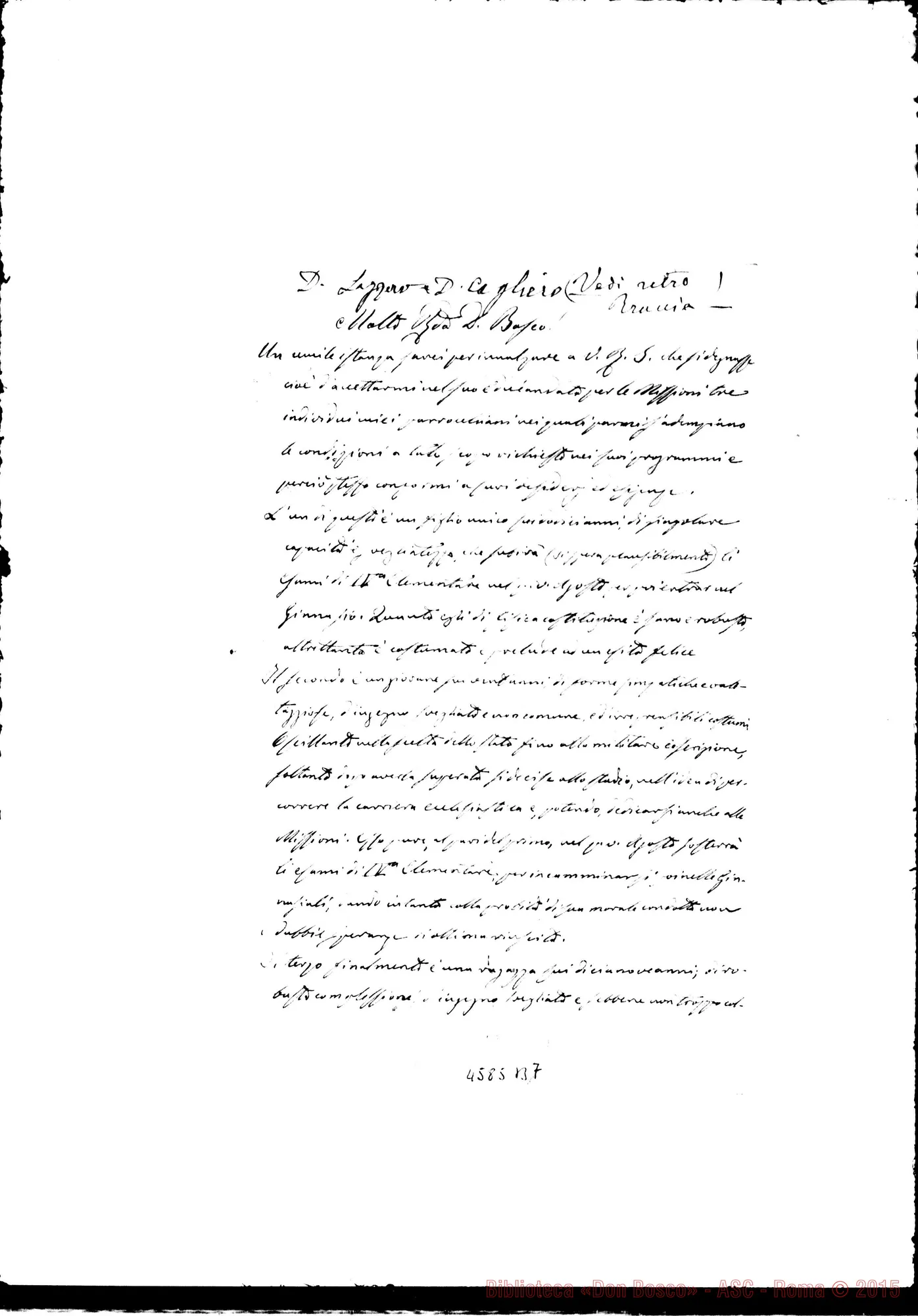 Fotogramma B 7 — Ravignano Giuseppe, sac. Domanda di ammissione alle F.M.A. Alcenago di Grezzana, 31-07-1883