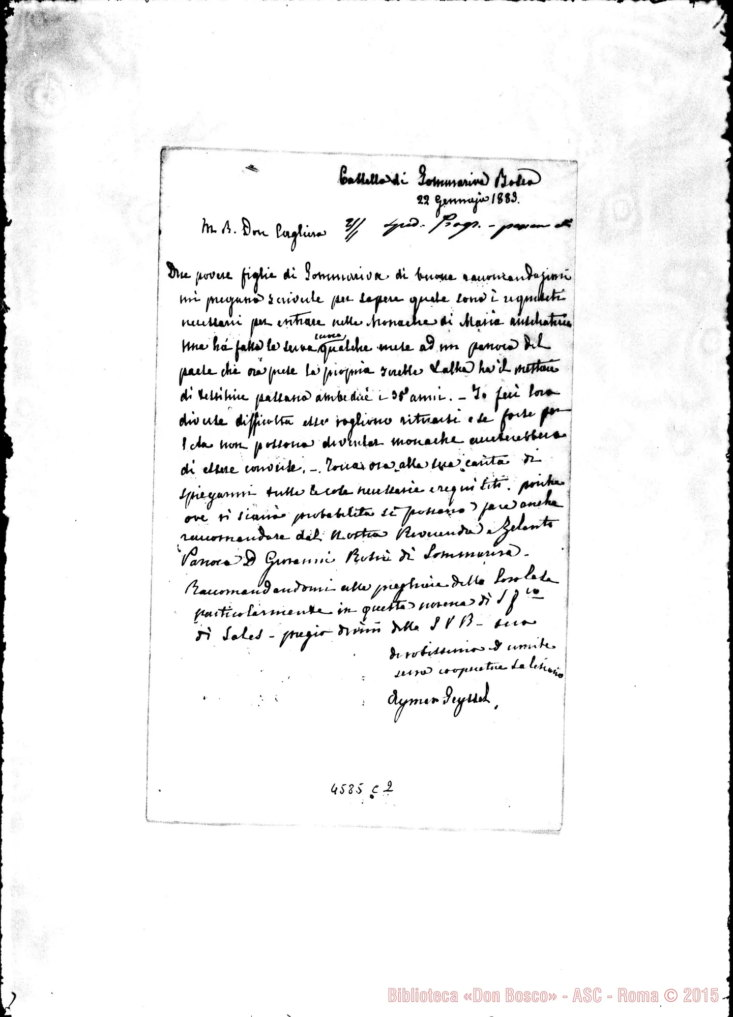 Fotogramma C 2 — Seysell Aymer. Castello di Sommariva, 22-01-1883. Domanda di ammissione alle F.M.A.