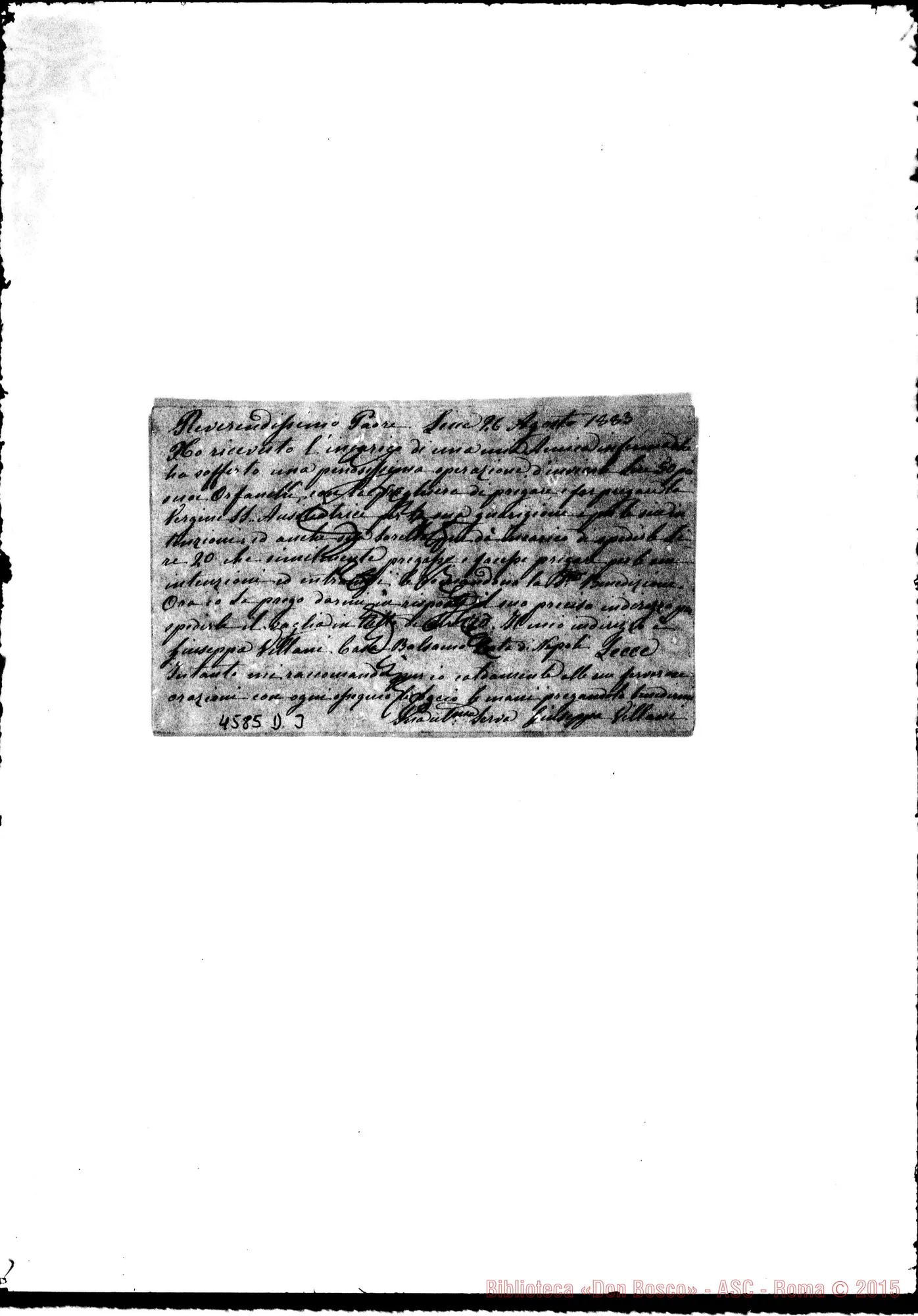 Fotogramma D 3 — Villani Giuseppa. Lecce, 26-08-1883. Richiesta di preghiere