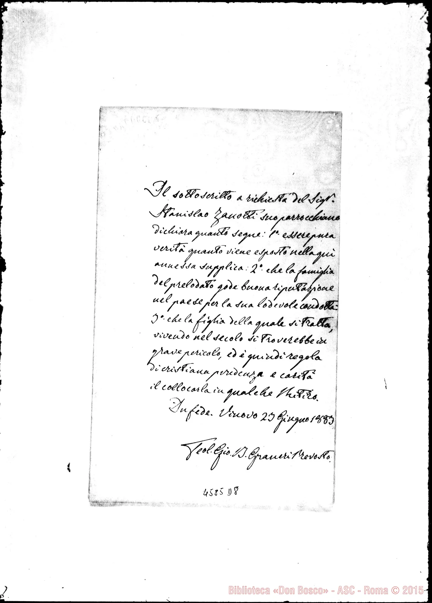 Fotogramma D 8 — Zanotti Stanislao. Vinovo, 21-06-1883. All. sottoscrizione del Teol. Granieri, prevosto