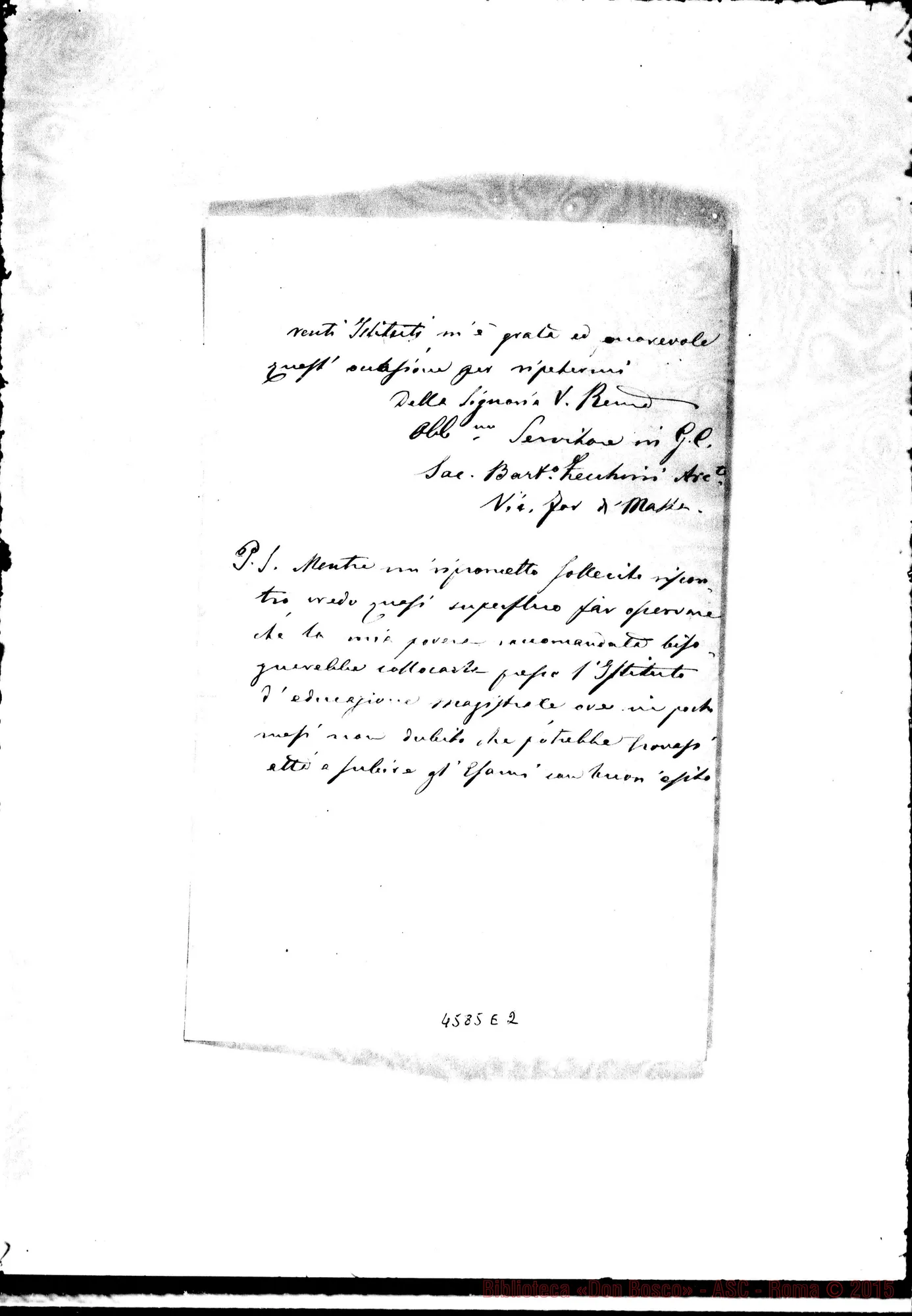 Fotogramma E 2 — Zecchini Bartolomeo, sac. Richiesta di ascrizione alle F.M.A.. All. lettera di Paimira Ferracioli A Don Zecchini. Rovigo, 23-01-1883