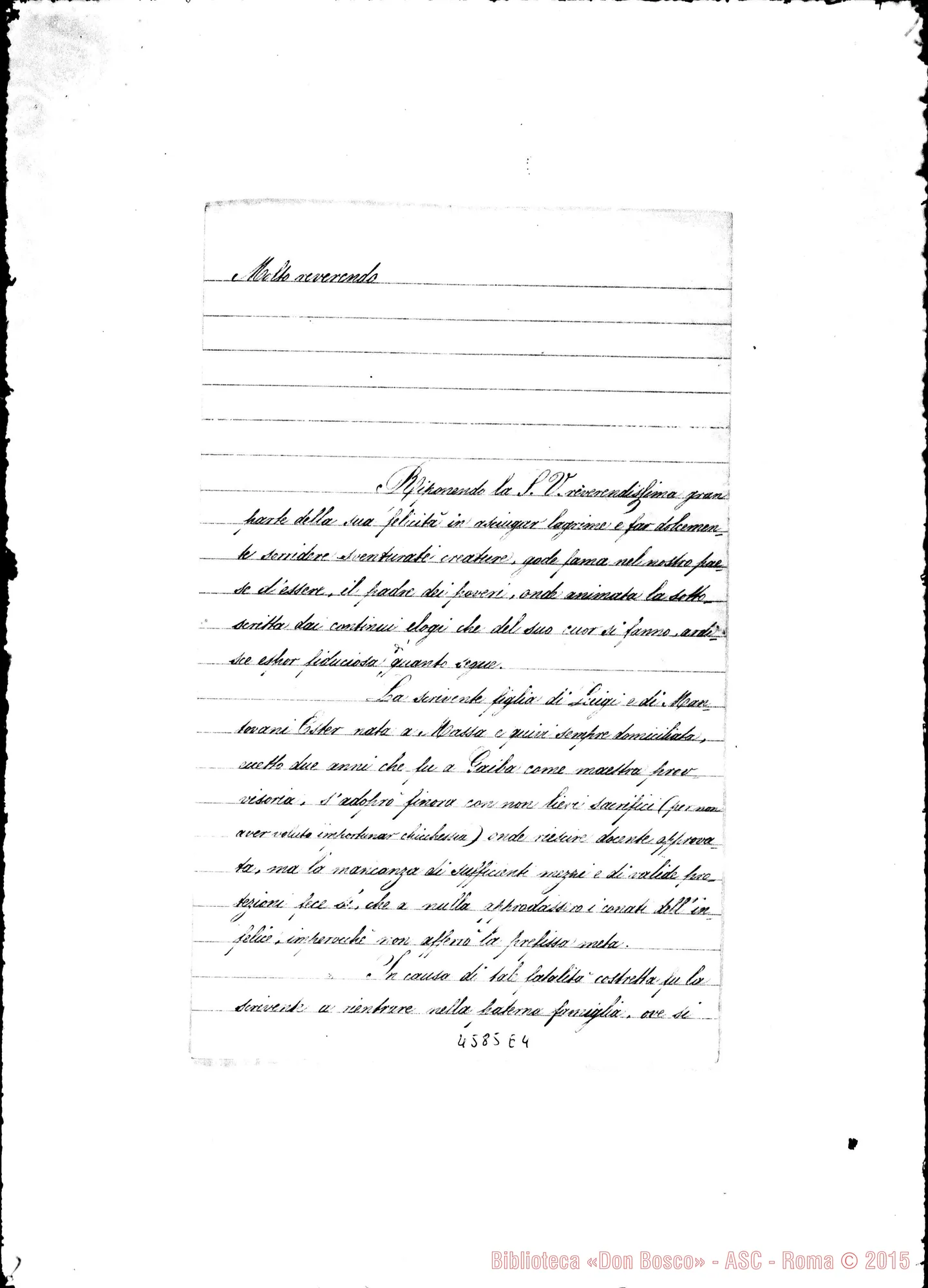 Fotogramma E 4 — Zecchini Bartolomeo, sac. Richiesta di ascrizione alle F.M.A.. All. lettera di Paimira Ferracioli A Don Zecchini. Rovigo, 23-01-1883