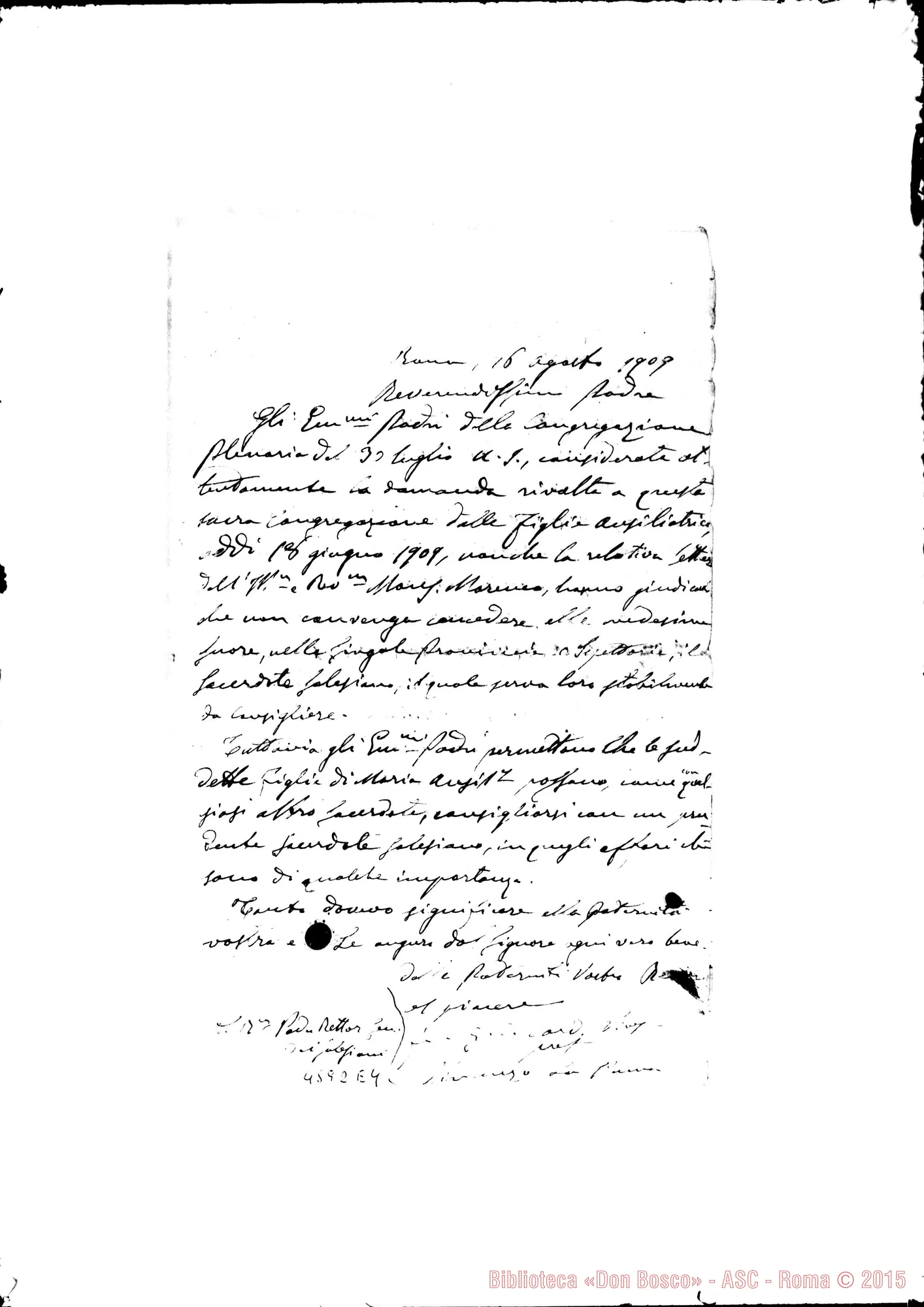Fotogramma E 4 — « « « « Nizza Monf., 21-06-1909. All.: minuta della supplica al S. Padre E copia della lett. di Vincenzo La Penna A D. Rua. Roma, 16-08-1909