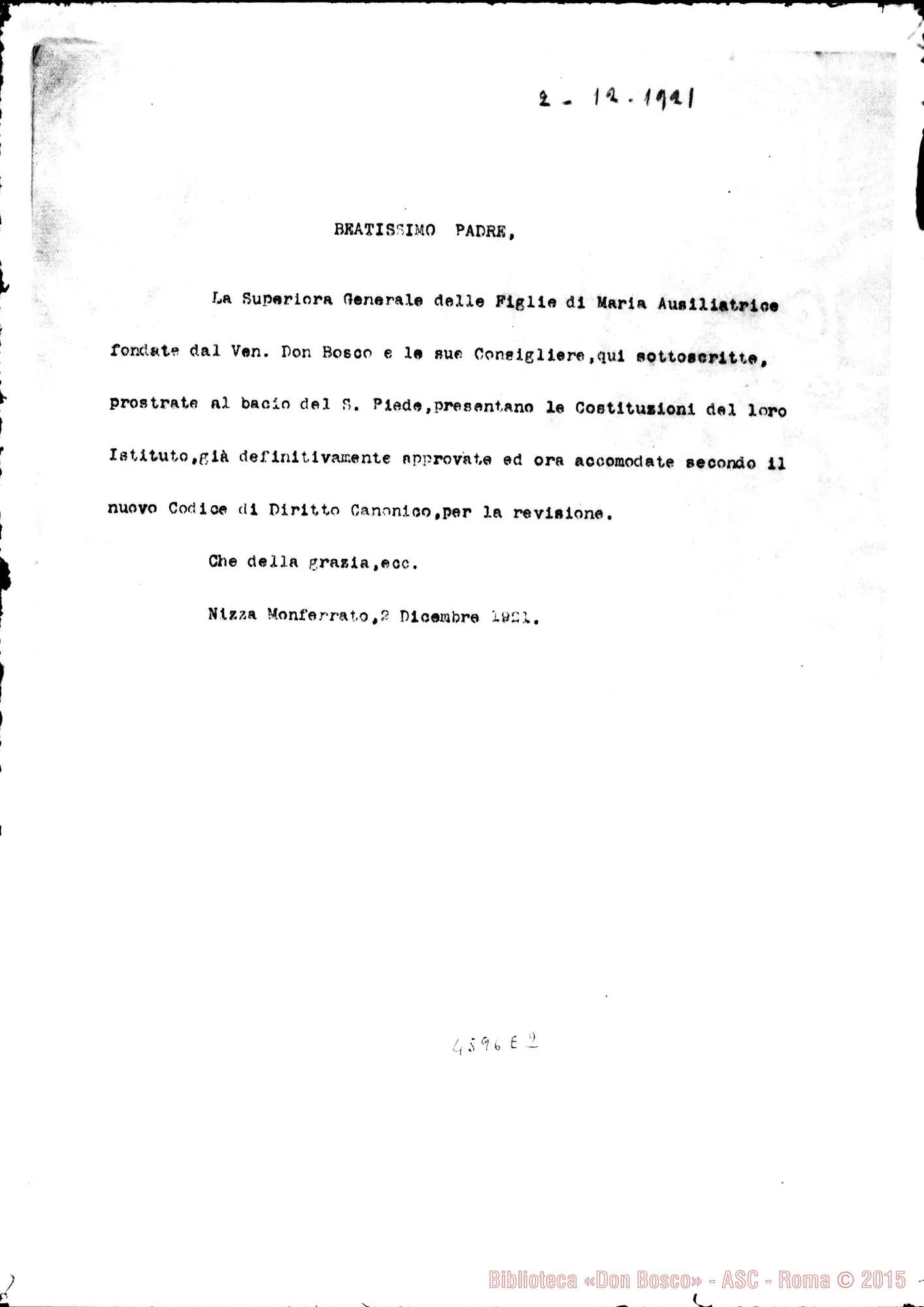 Fotogramma E 2 — « « « « Torino, 2-12-1921. All. due lett. al Beatissimo Padre (Copie)