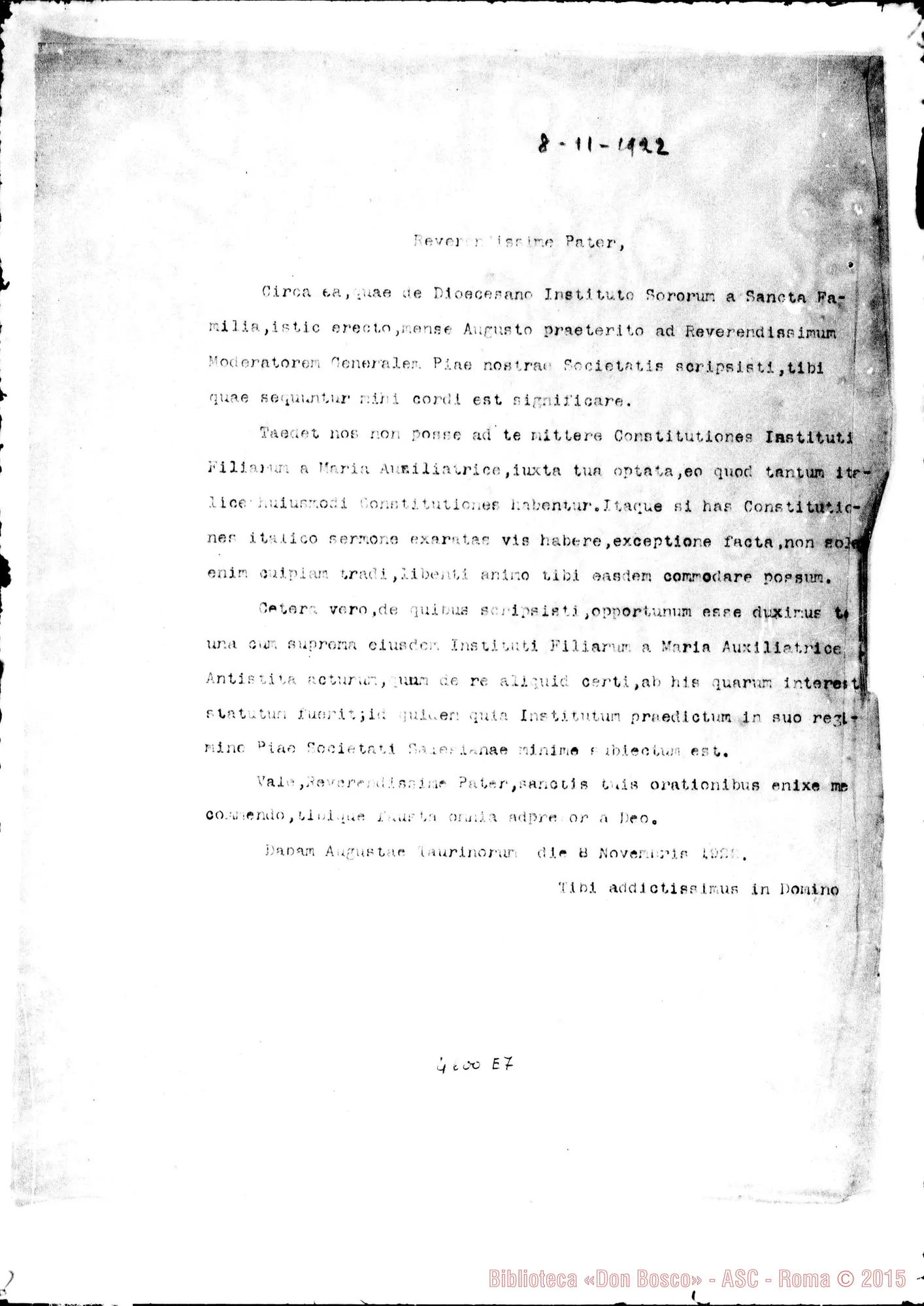 Fotogramma E 7 — Rinaldi Filippo, SDB-Sacerdote anonimo. Torino, 8-11-1922