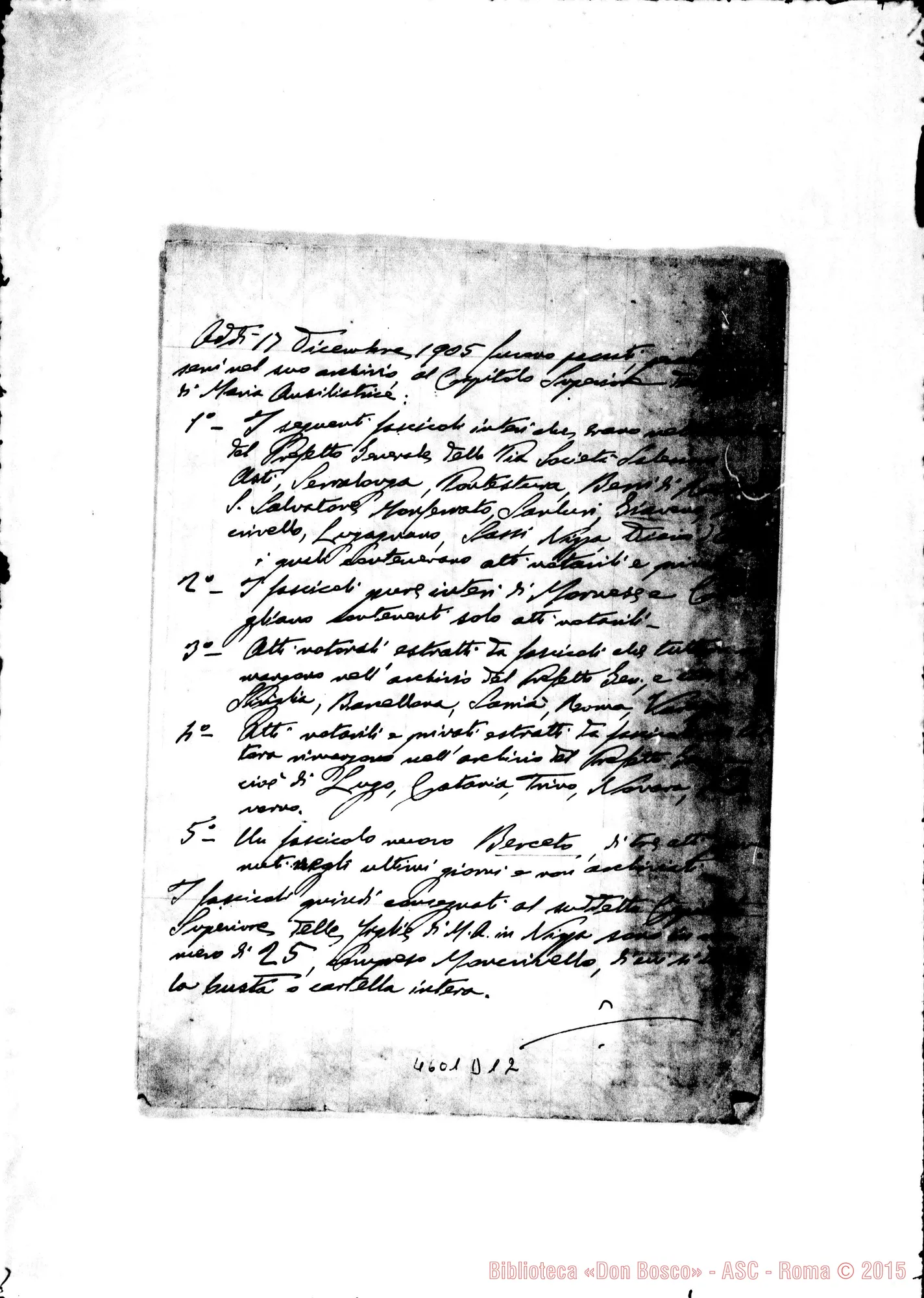 Fotogramma D 12 — Salesiani-Suore F.M.A.: Promemoria di consegna di documenti, nel 1906