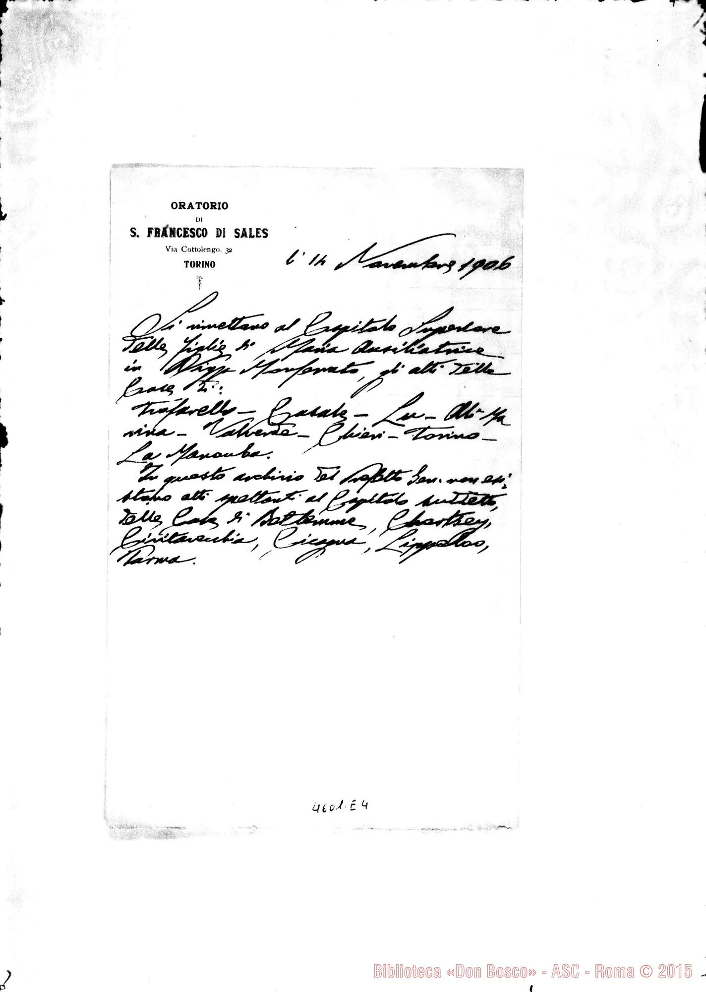 Fotogramma E 4 — Salesiani-Suore F.M.A.: Promemoria di consegna di documenti, nel 1906