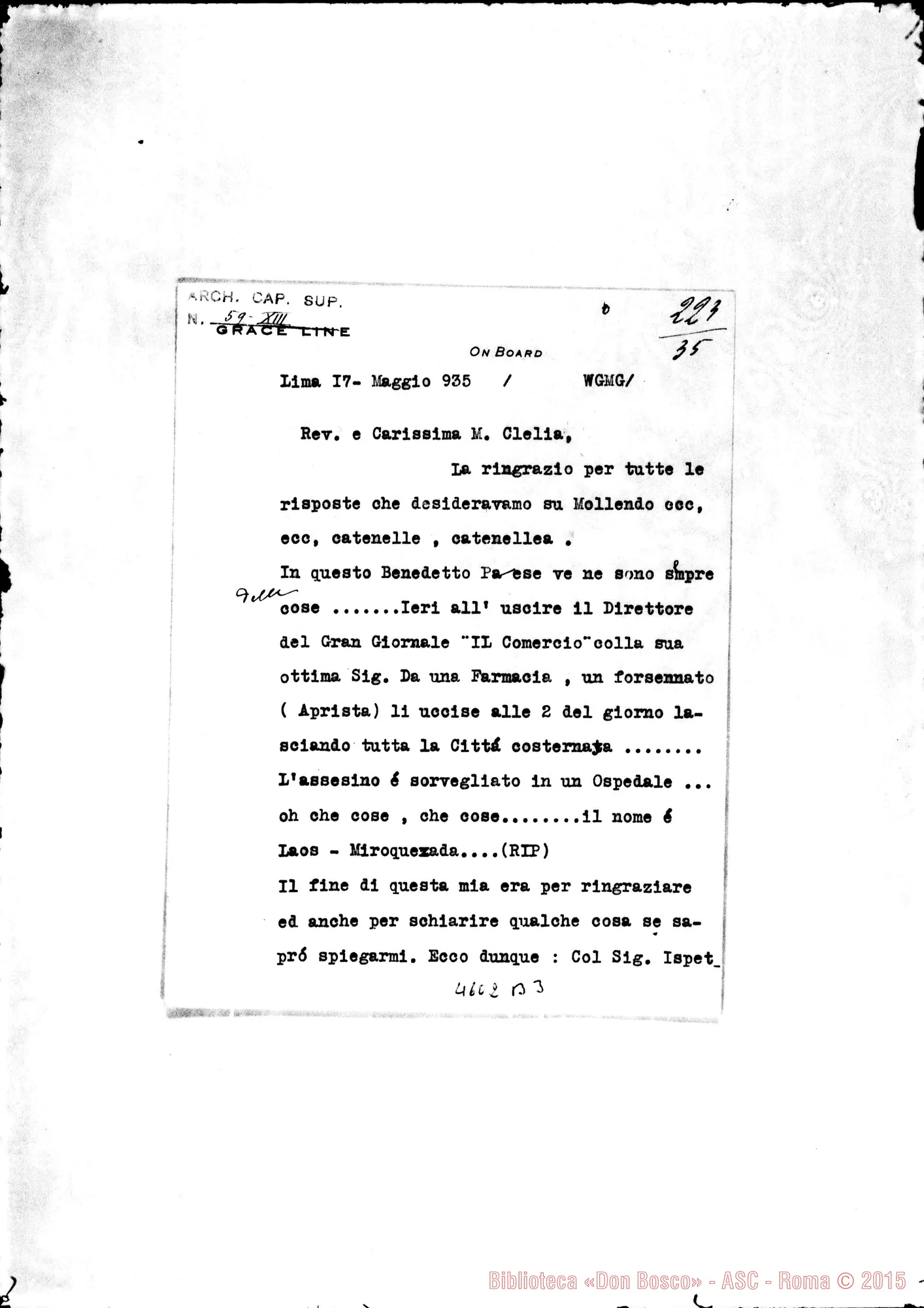 Fotogramma B 3 — Sorbone Angelica, suora-Genghini Clelia, suora. Lima, 17-05-1935. All.: nota di D. Gusmano 17-06-1935 E copia della lett. di D. Cossu A Sr. Genghini 18-06-1935