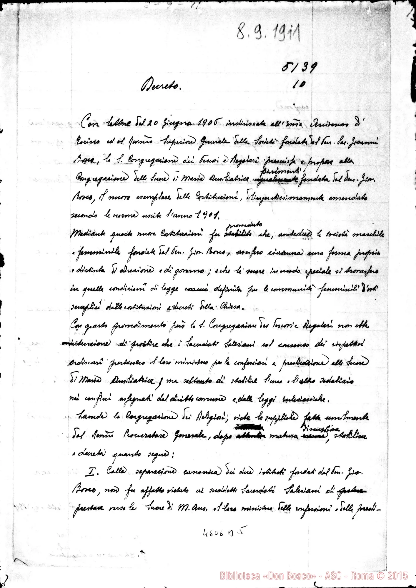 Fotogramma B 5 — « « : Decretum, in latino E italiano. Roma, 8-09-1911 Copia