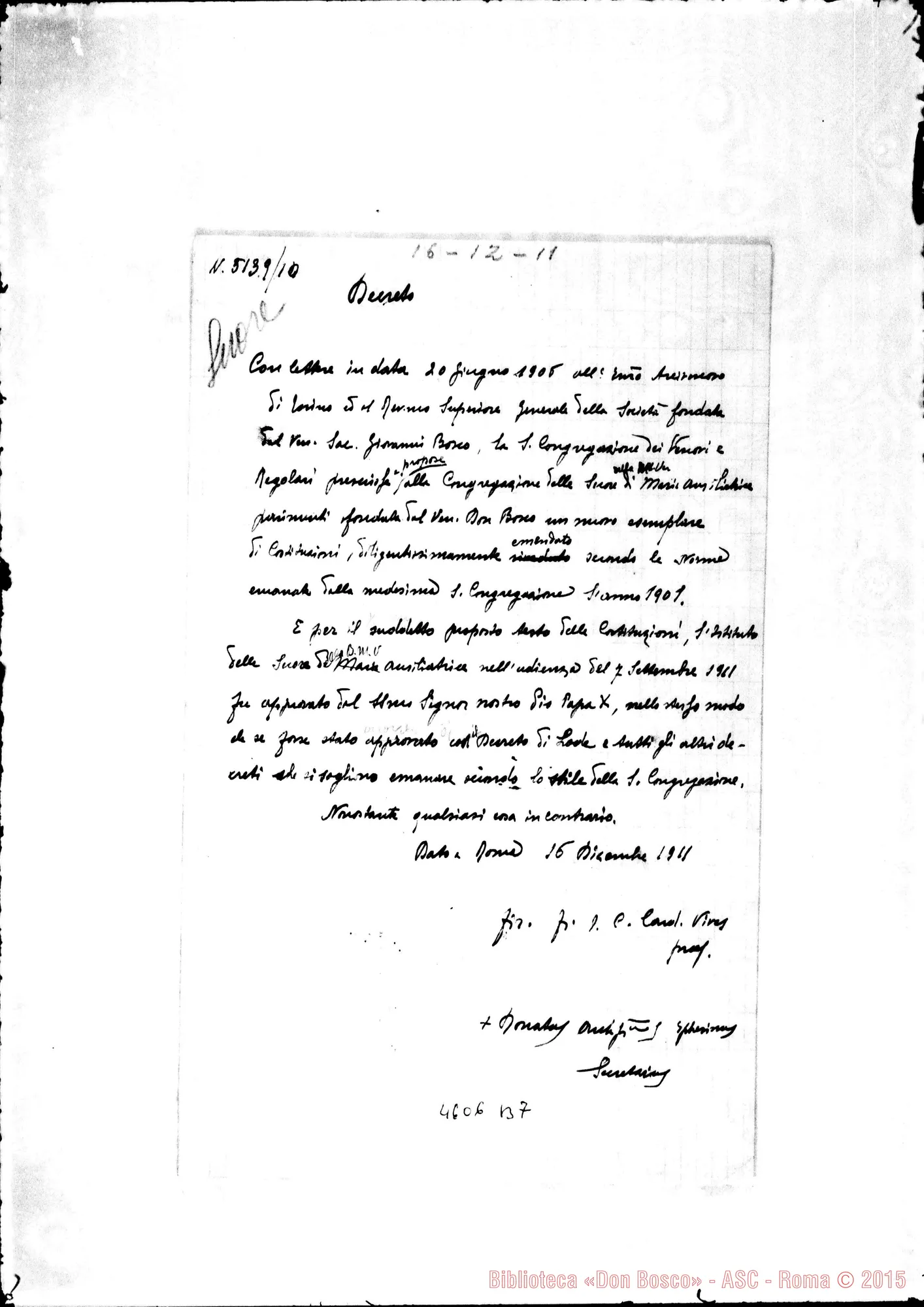 Fotogramma B 7 — 7A a . Decretum. Roma, 16-12-1911 Copia