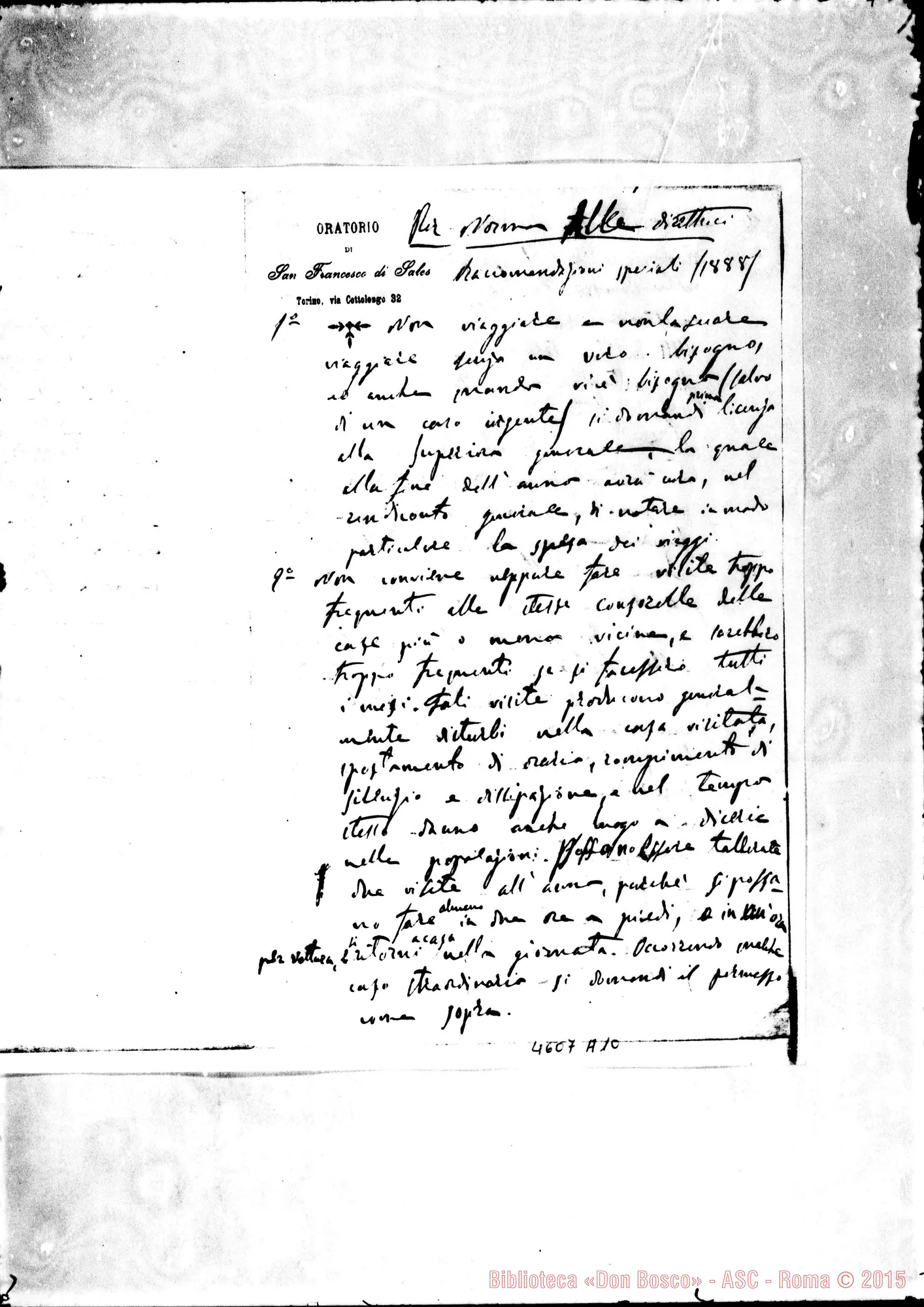 Fotogramma A 10 — Per norma alle Direttrici: raccomandazioni speciali. Ms. autogr. Bonetti con aggiunte ms. autogr. Rua. Acclusa trascrizione. Fotocopia
