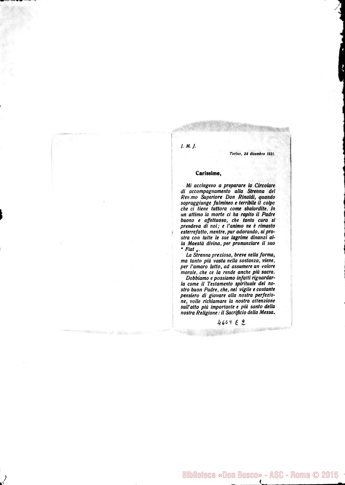 Fotogramma E 2 — 24-11-1931: Strenna: «Le F.M.A. assistano ogni giorno al Santo Sacrificio della Messa con l’attenzione con cui la Chiesa vuole che i Sacerdoti lo celebrino» Madre Daghero Caterina