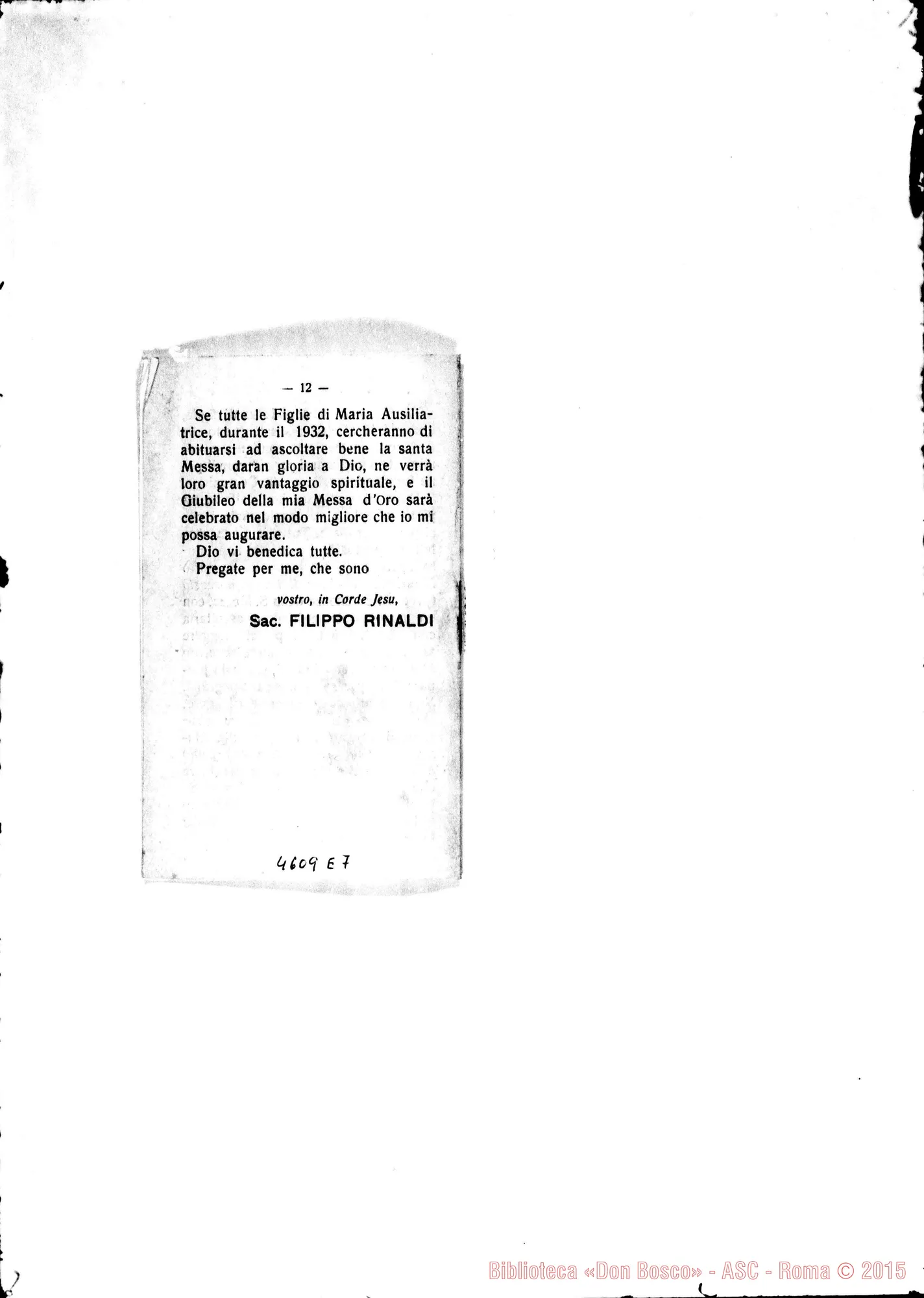 Fotogramma E 7 — 24-11-1931: Strenna: «Le F.M.A. assistano ogni giorno al Santo Sacrificio della Messa con l’attenzione con cui la Chiesa vuole che i Sacerdoti lo celebrino» Madre Daghero Caterina