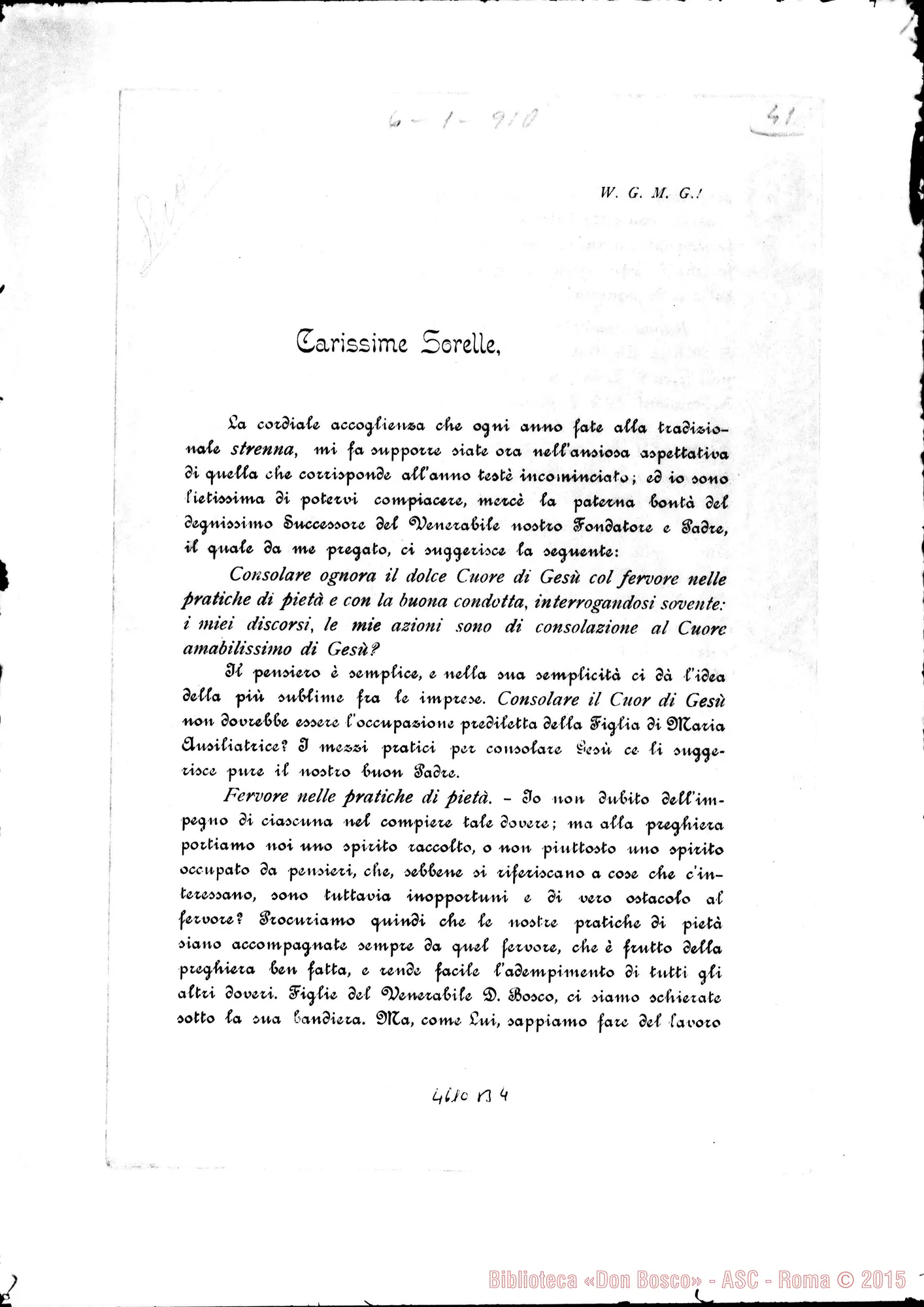 Fotogramma B 4 — 06-01-1910: Strenna: «Consolare ognora il dolce Cuore di Gesù col fervore nelle pratiche di pietà E con la buona condotta… «